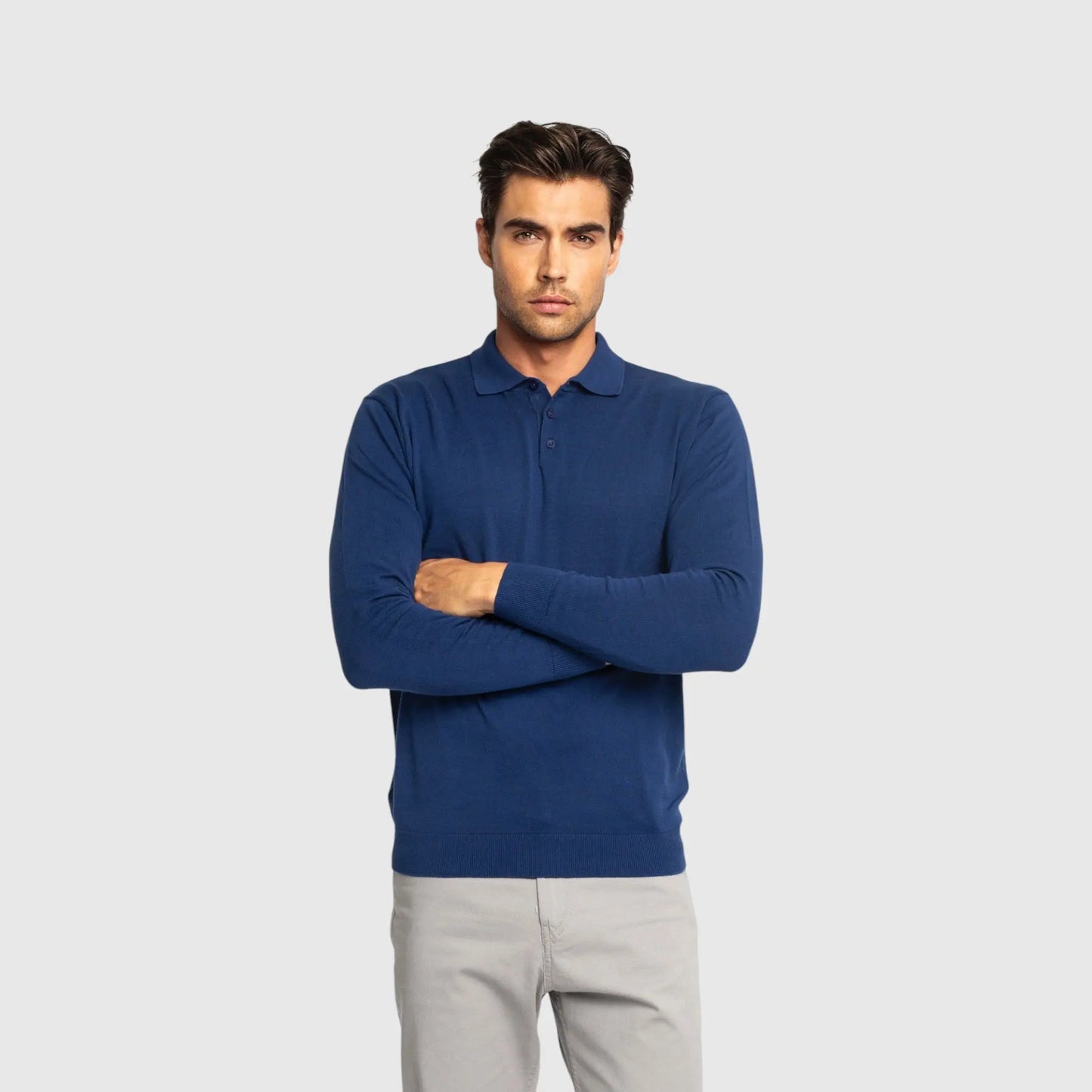 Regular Fit Premium Cotton Long Sleeve Knit Polo with Patch Label Gisada Knitwear