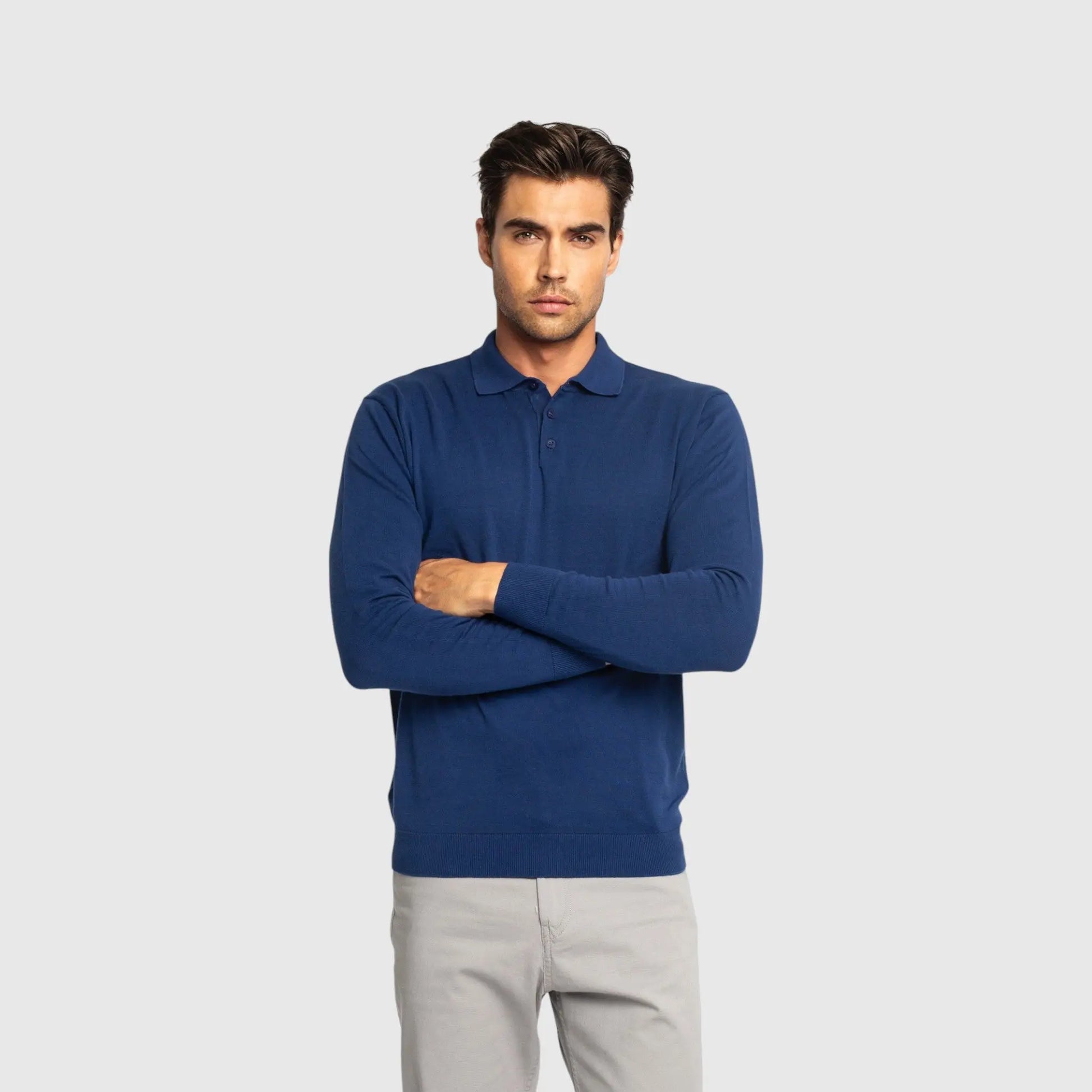 Regular Fit Premium Cotton Long Sleeve Knit Polo with Patch Label Gisada Knitwear