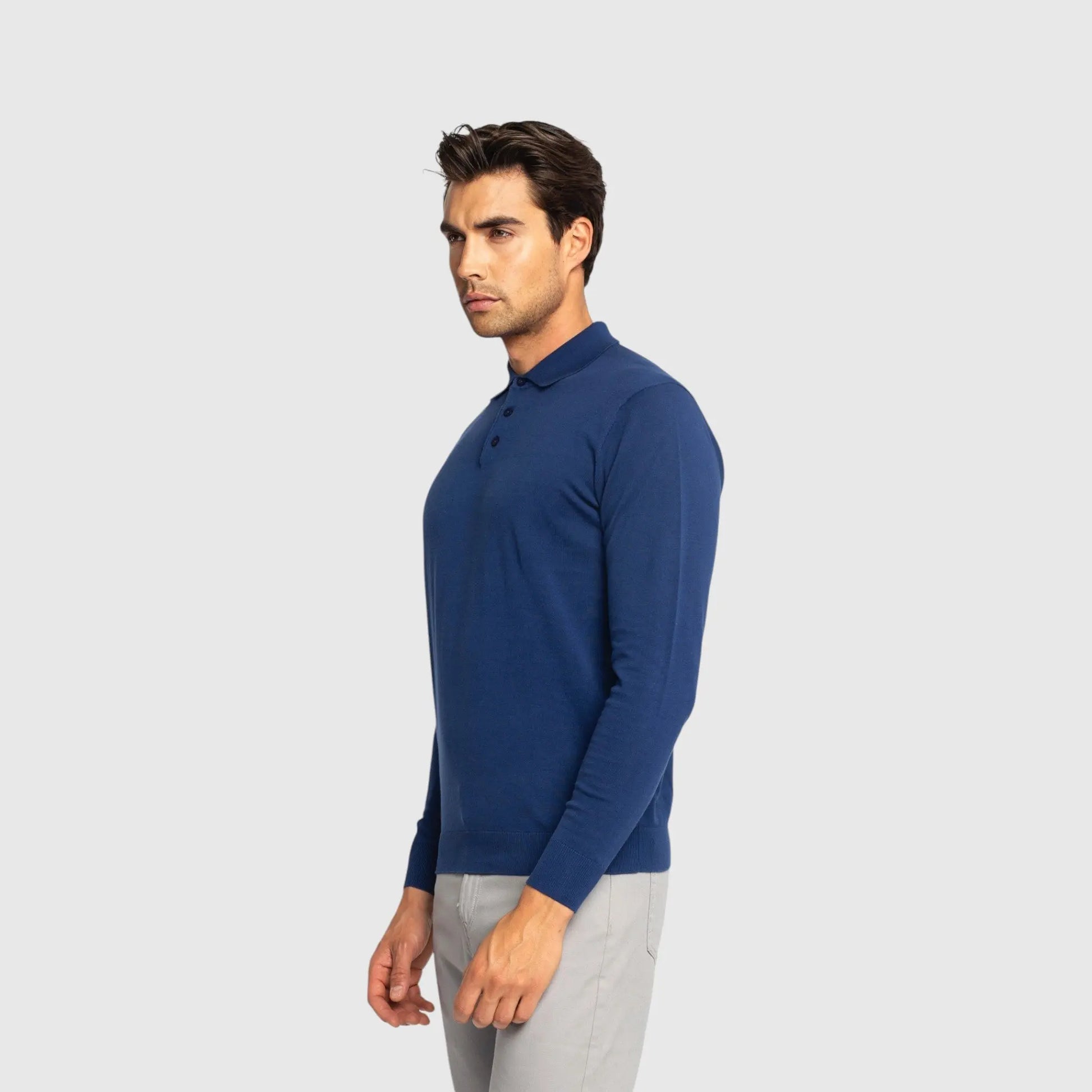 Regular Fit Premium Cotton Long Sleeve Knit Polo with Patch Label Gisada Knitwear