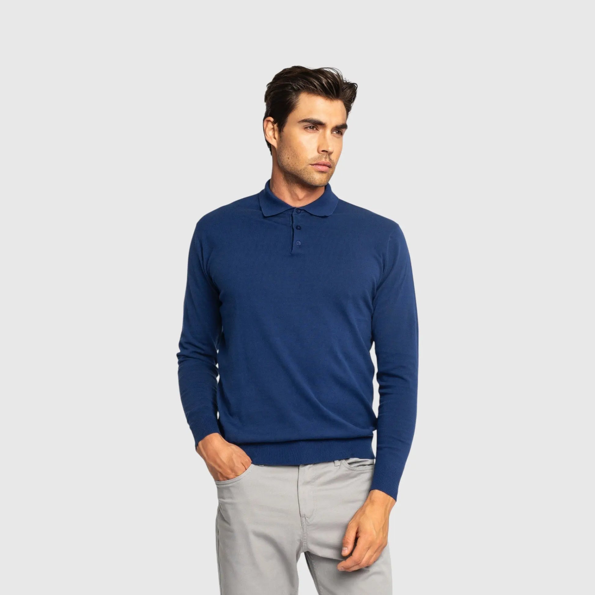 Regular Fit Premium Cotton Long Sleeve Knit Polo with Patch Label Gisada Knitwear