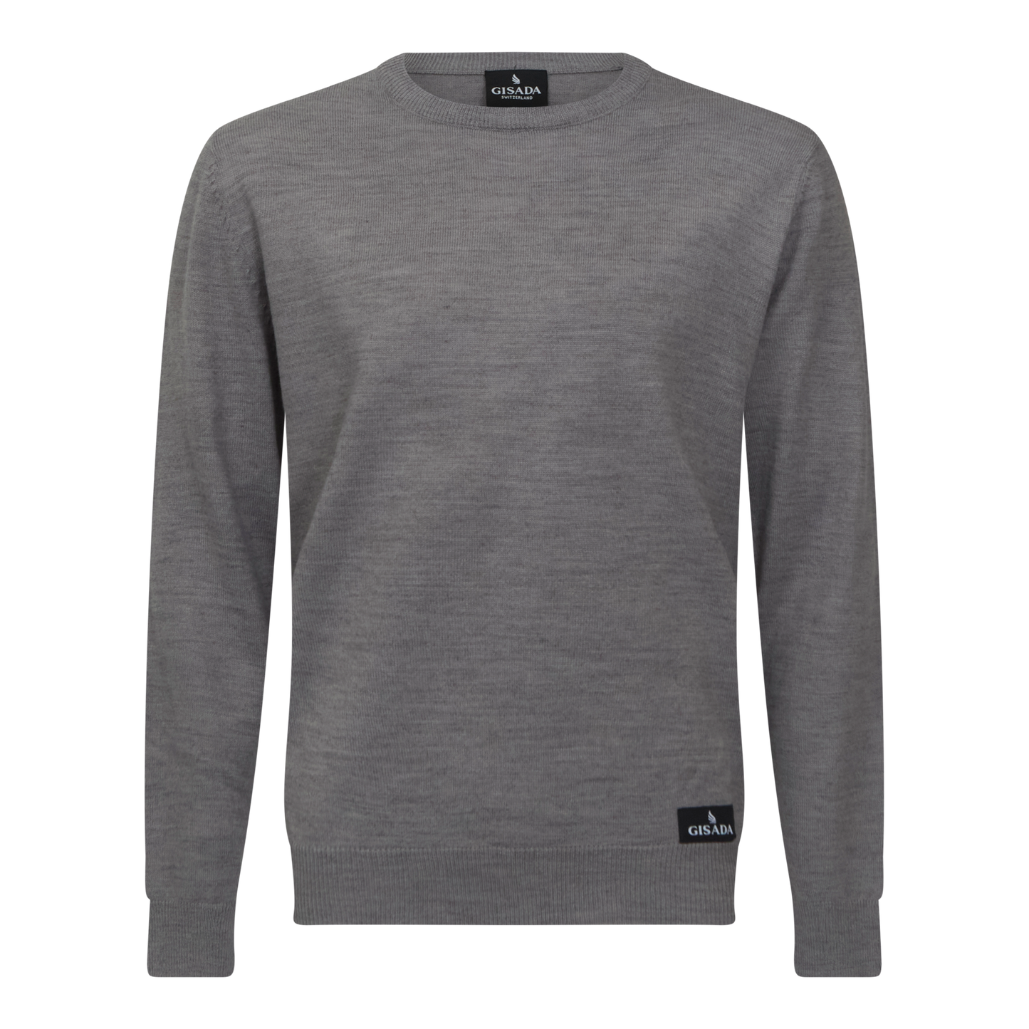 Front view of grey merino round neck pullover by Gisada