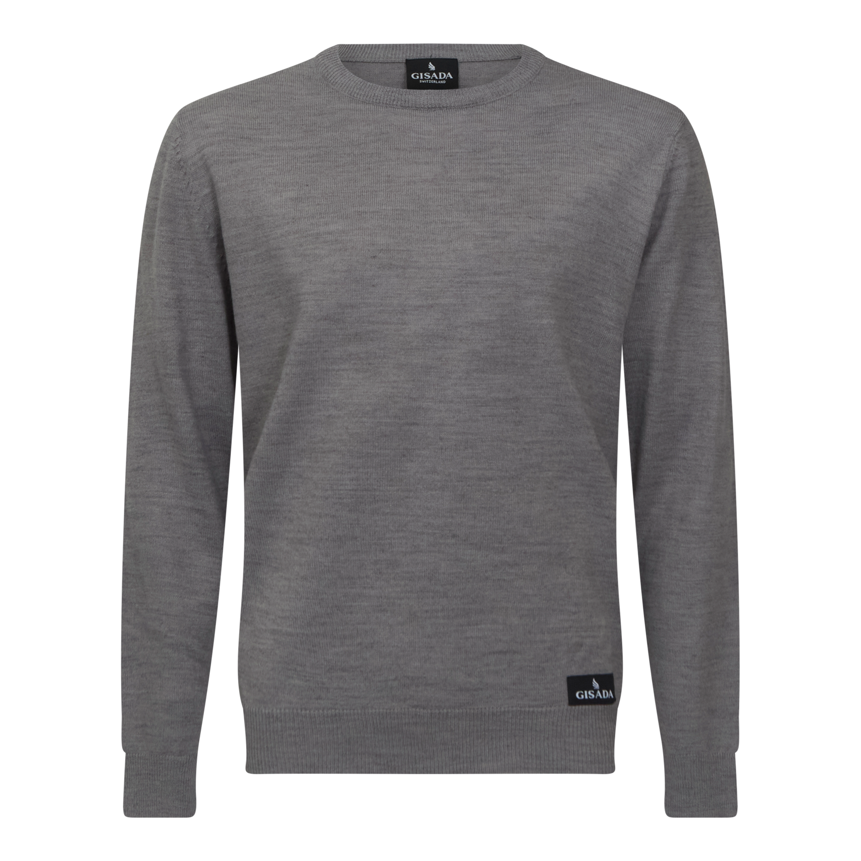 Front view of grey merino round neck pullover by Gisada