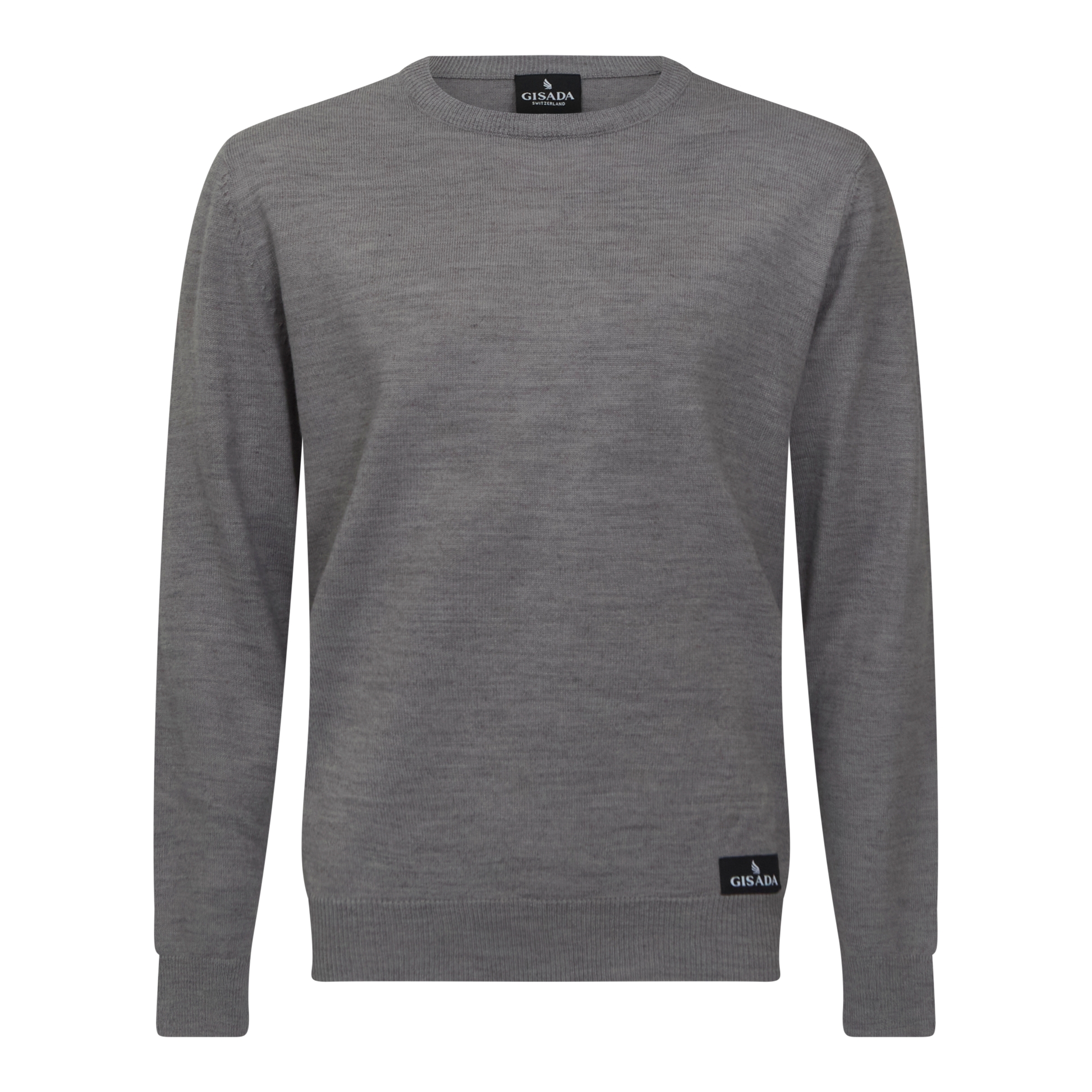 Front view of grey merino round neck pullover by Gisada