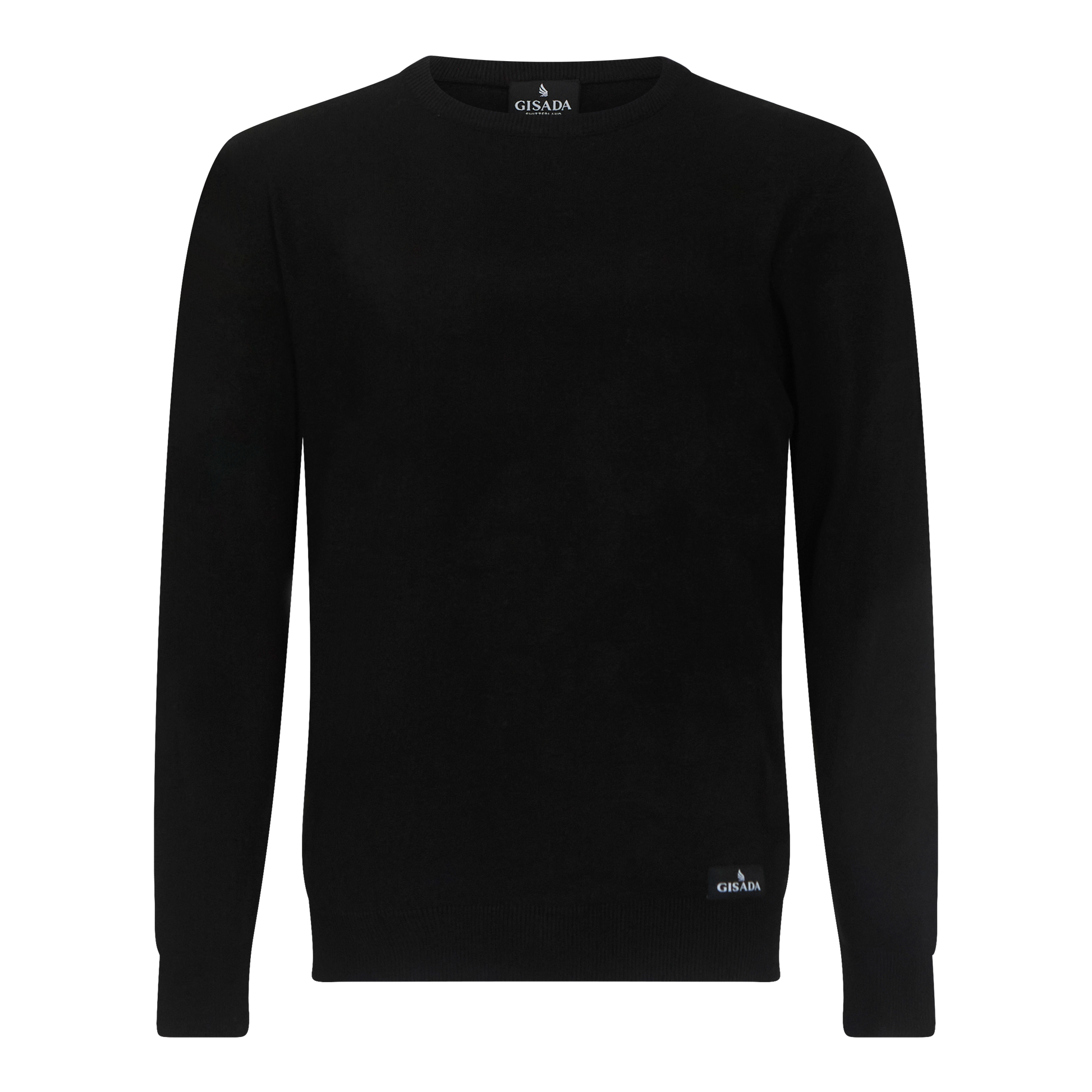 Front view of black merino wool round neck pullover by Gisada