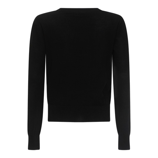 Rear view of premium black round-neck sweater in merino wool by Gisada