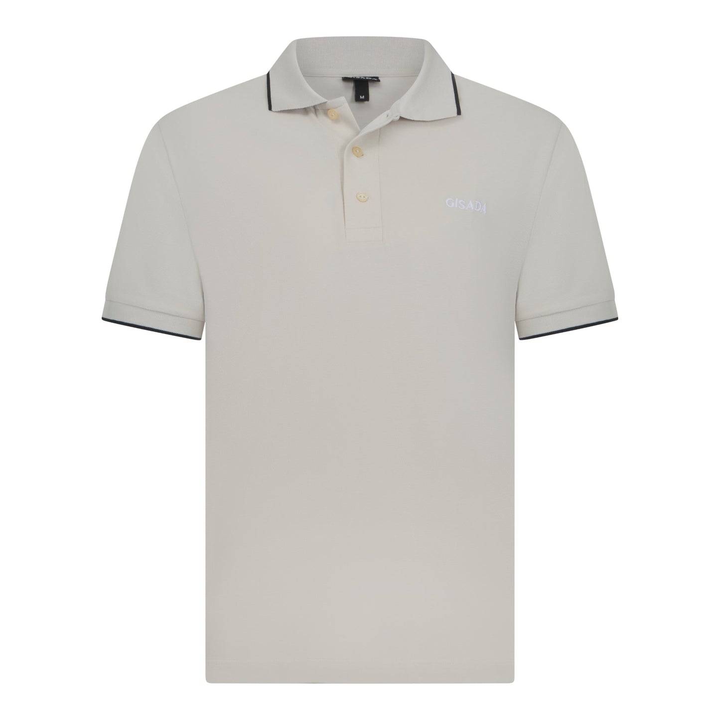 Front view of beige cotton polo shirt with contrast collar and Gisada logo