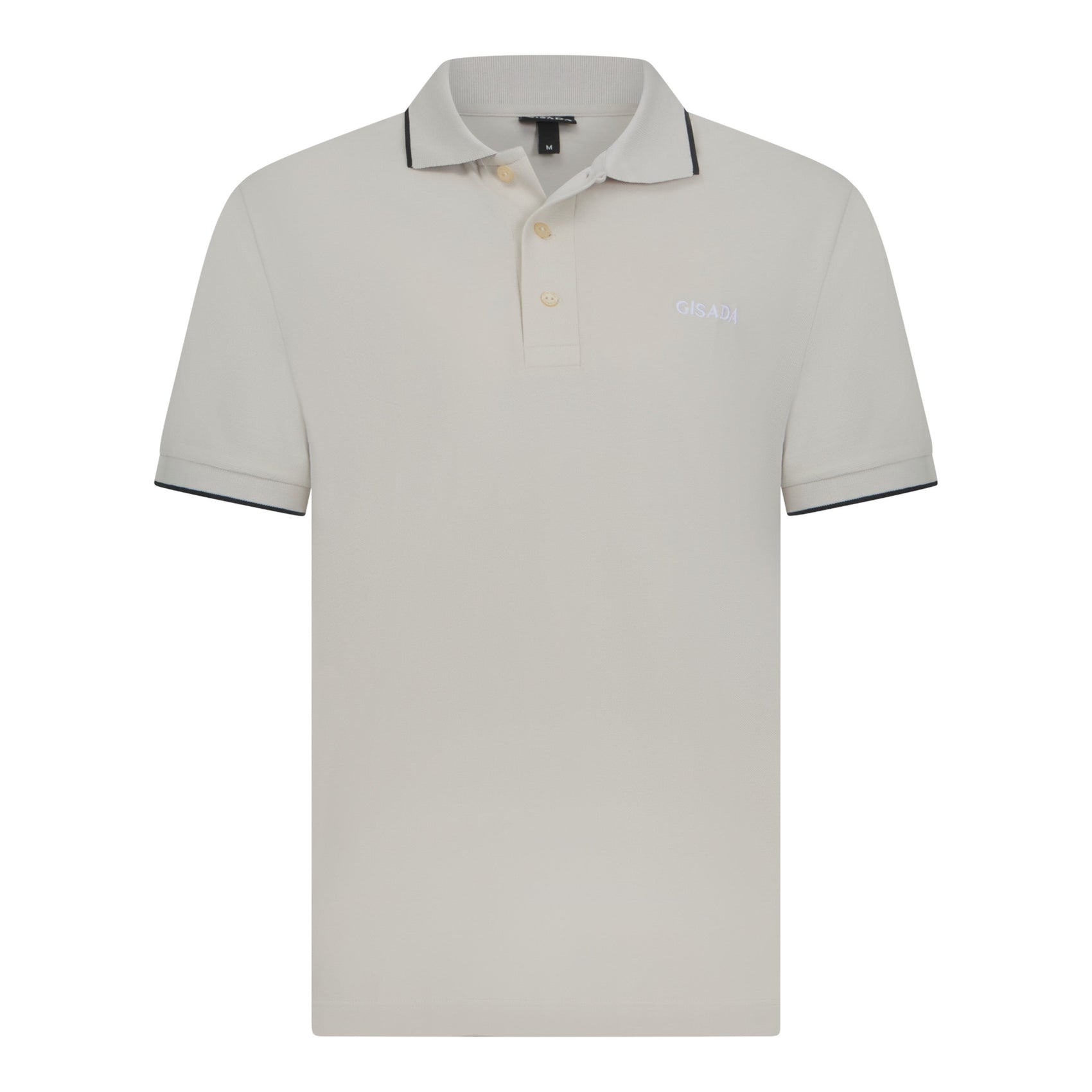 Front view of beige cotton polo shirt with contrast collar and Gisada logo