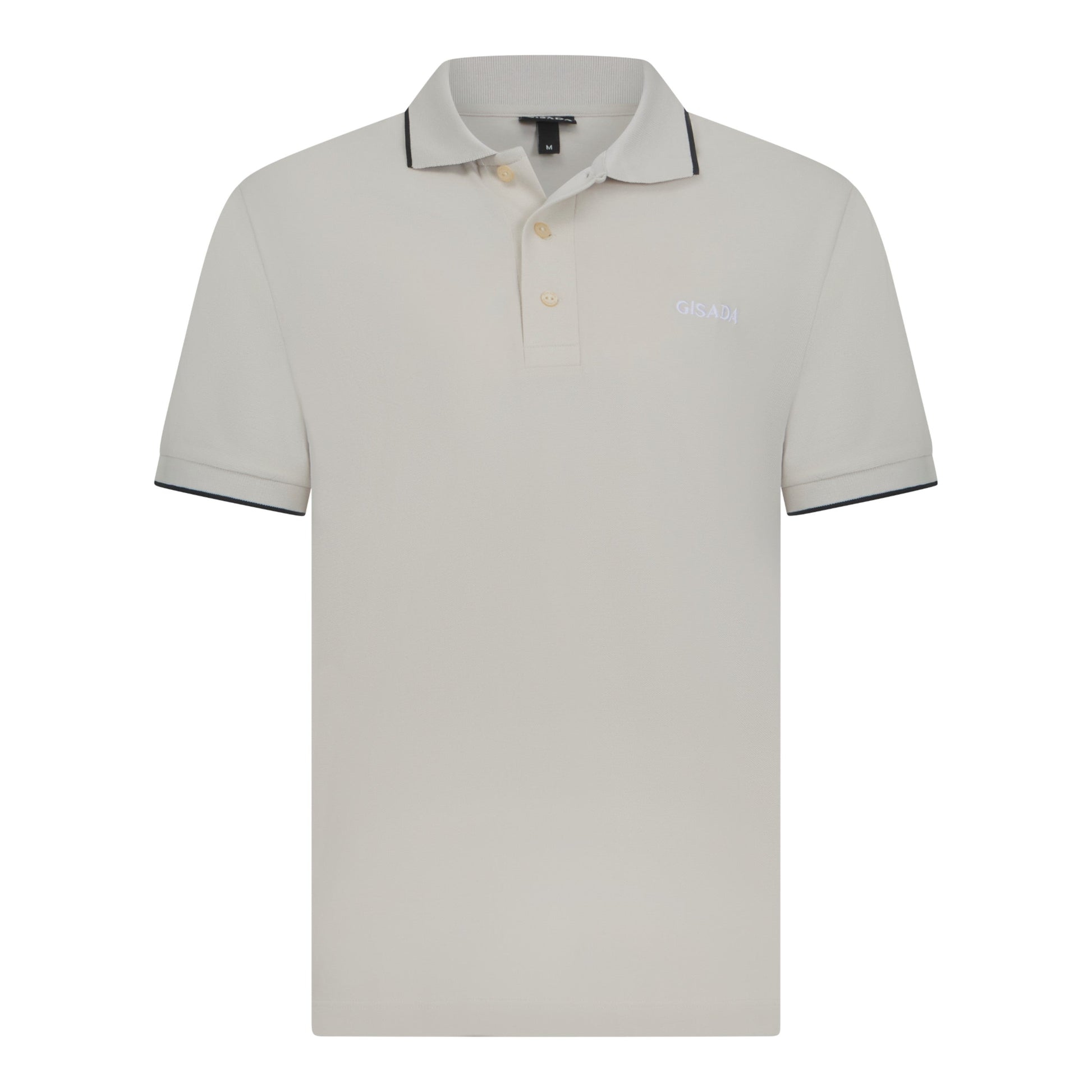 Front view of beige cotton polo shirt with contrast collar and Gisada logo