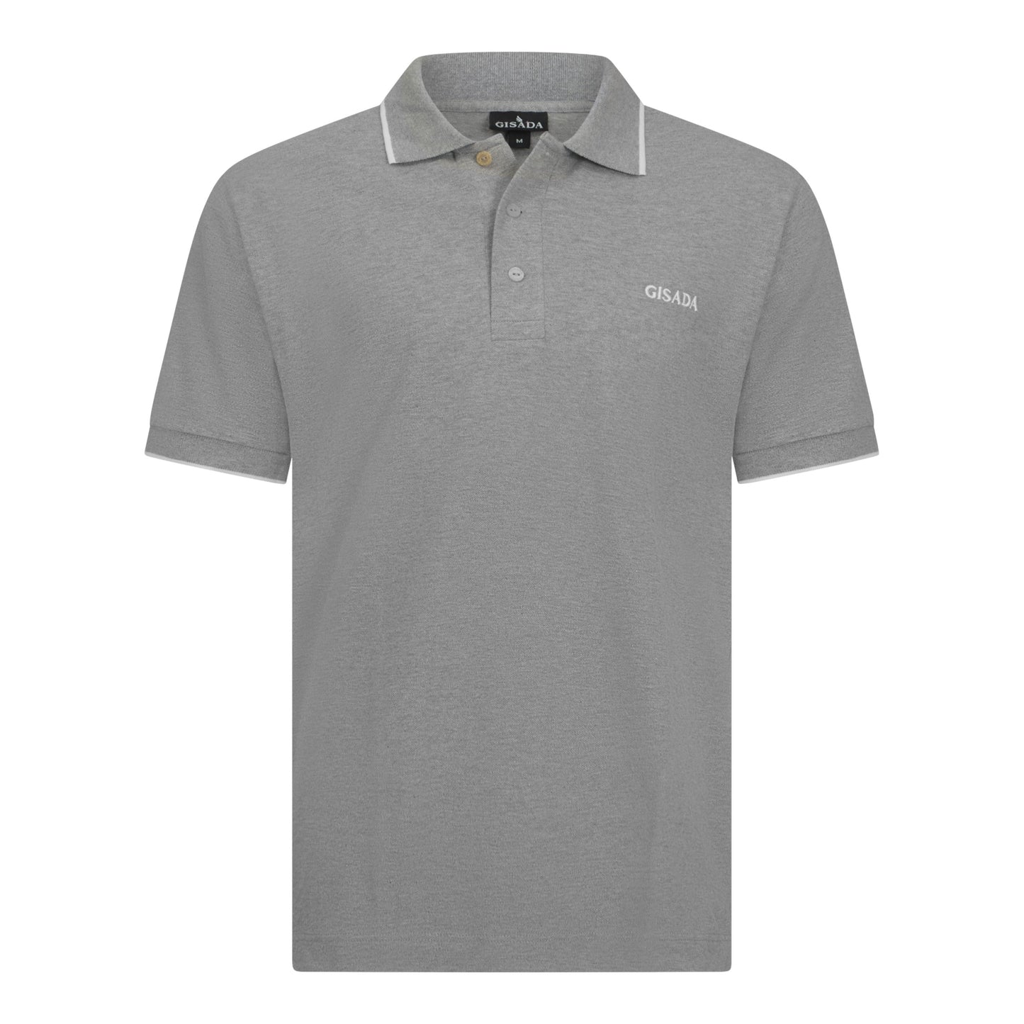 Front view of grey cotton piqué polo shirt with white trim and Gisada logo