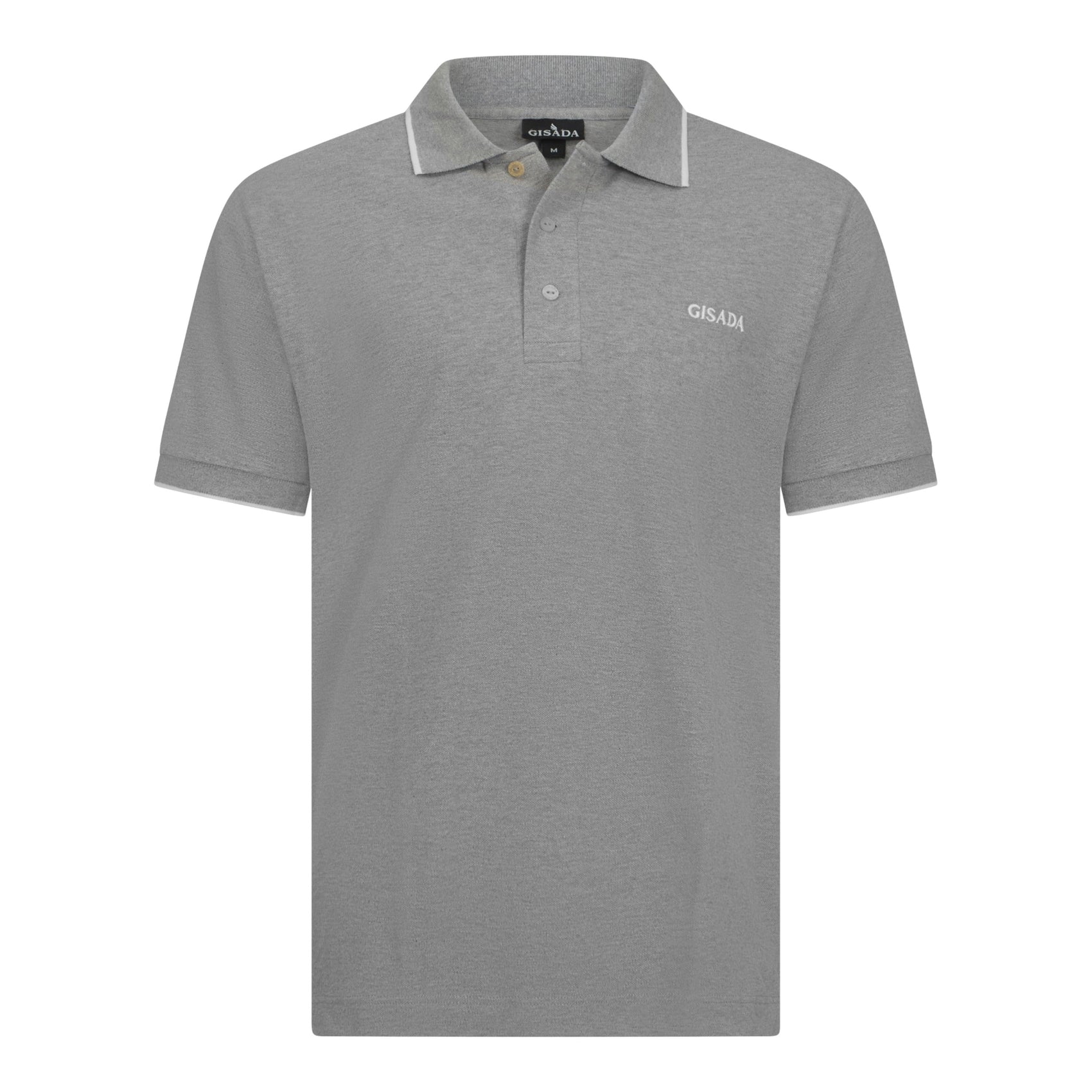 Front view of grey cotton piqué polo shirt with white trim and Gisada logo