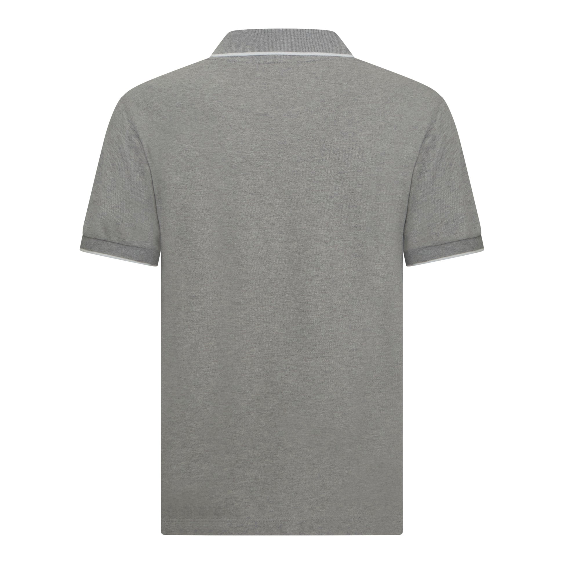 Back view of premium grey polo shirt with contrast white collar