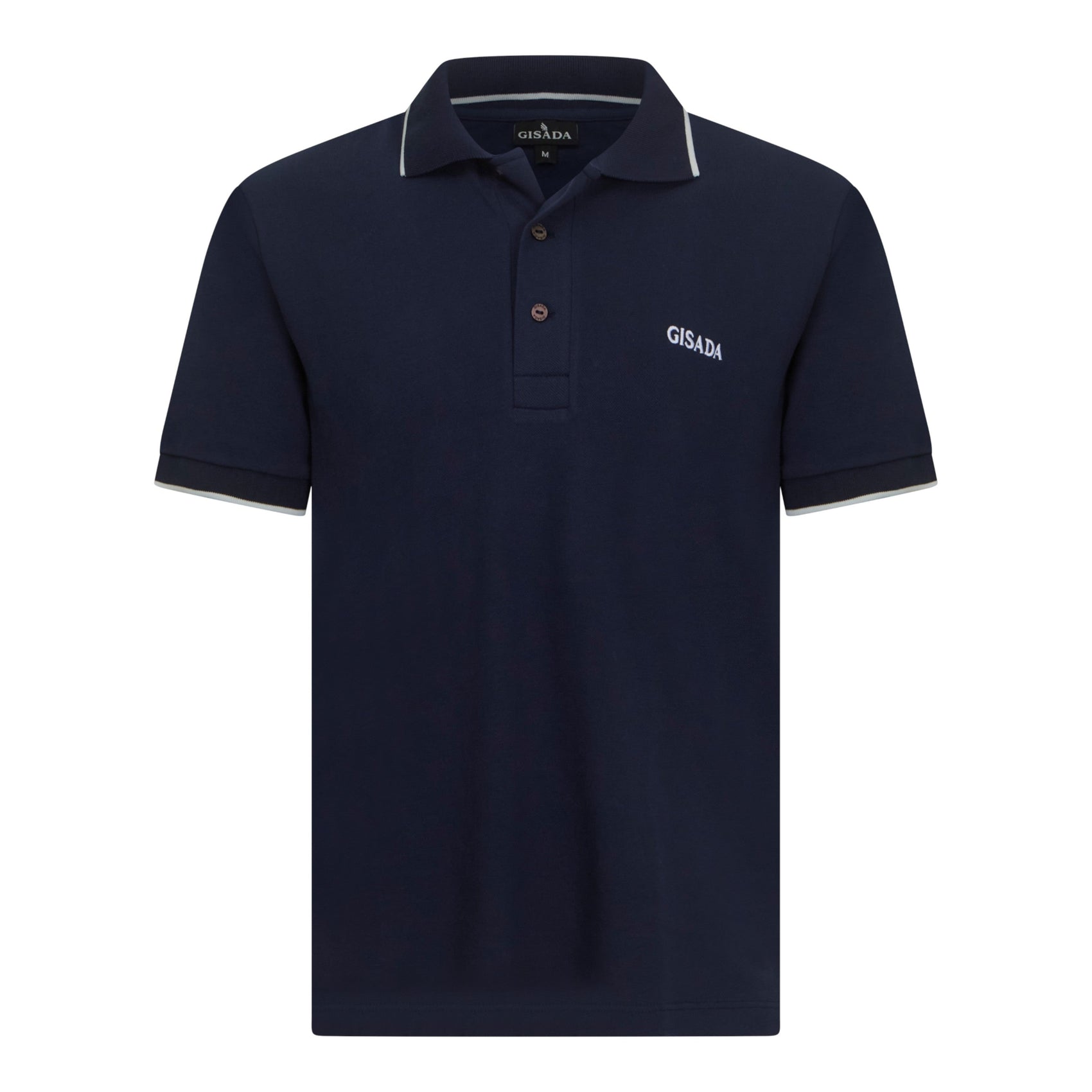 Front view of navy cotton polo with white contrast trim and Gisada logo