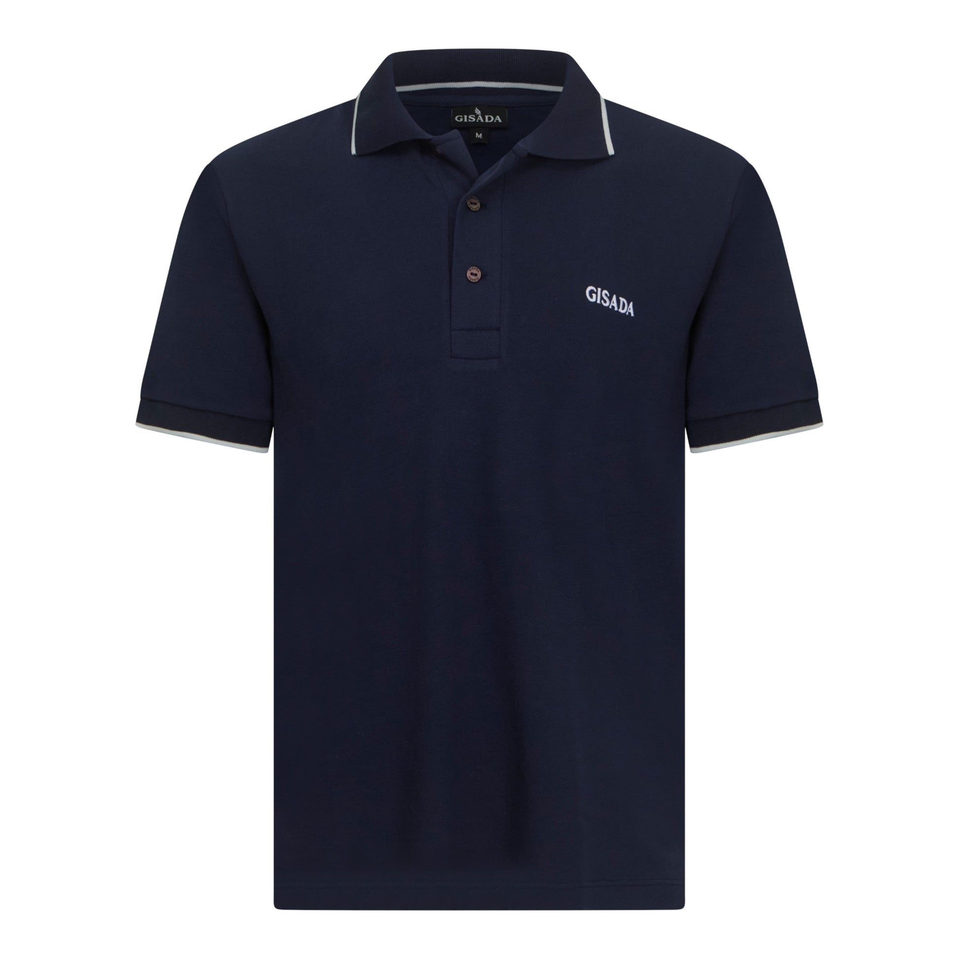 Front view of navy cotton polo with white contrast trim and Gisada logo