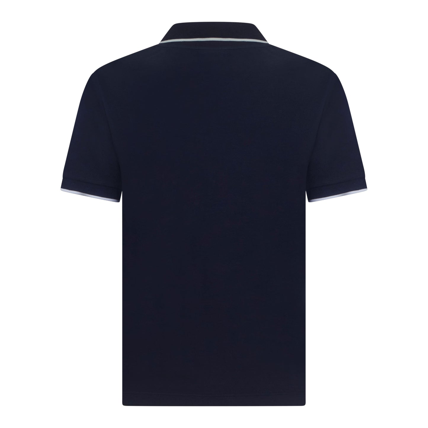 Back view of premium navy polo shirt with contrast detailing