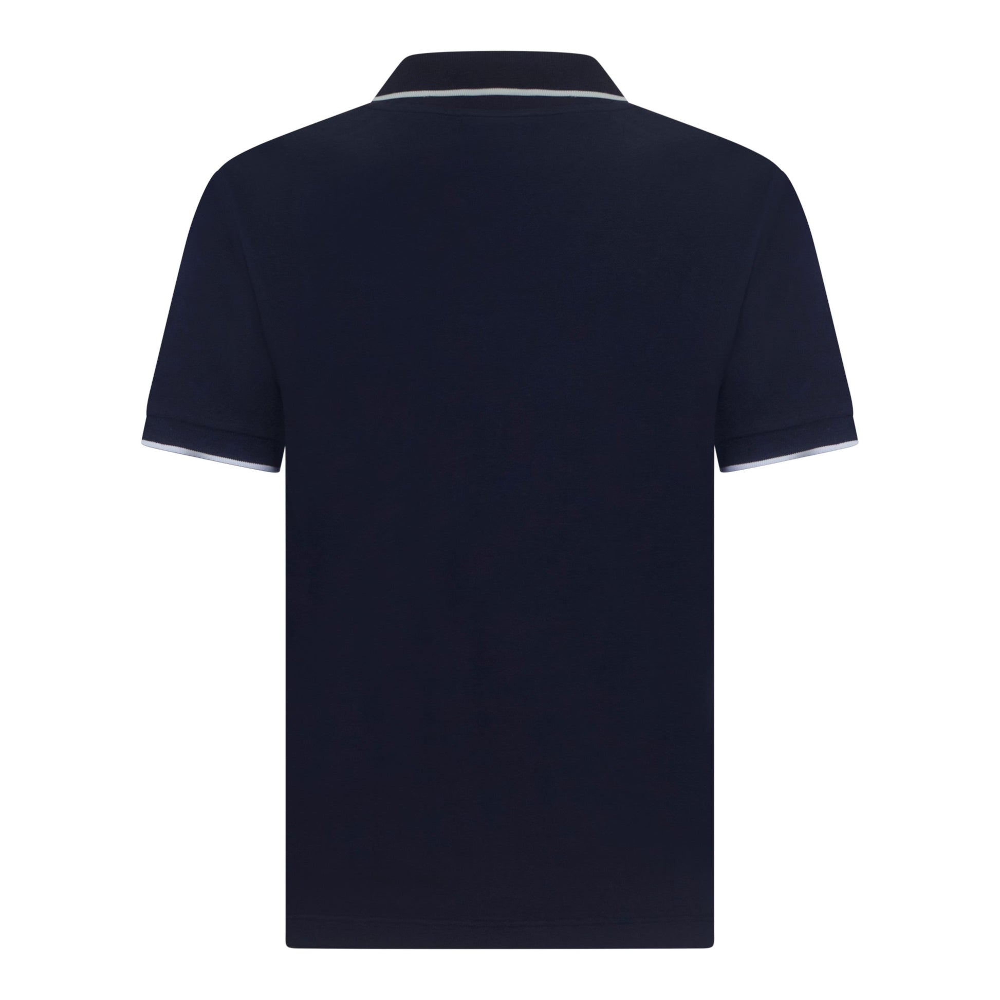 Back view of premium navy polo shirt with contrast detailing