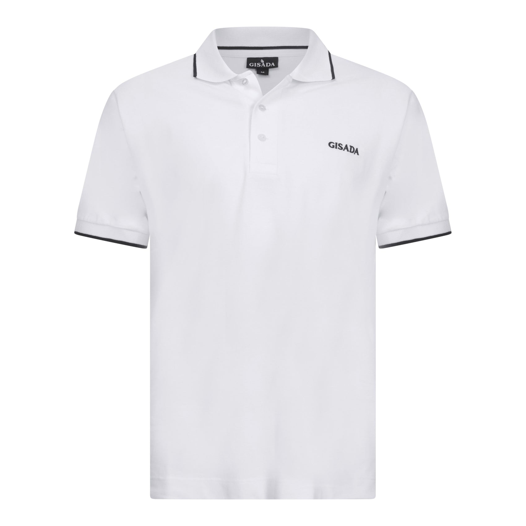 Front view of white cotton polo with dark contrast trim and Gisada logo