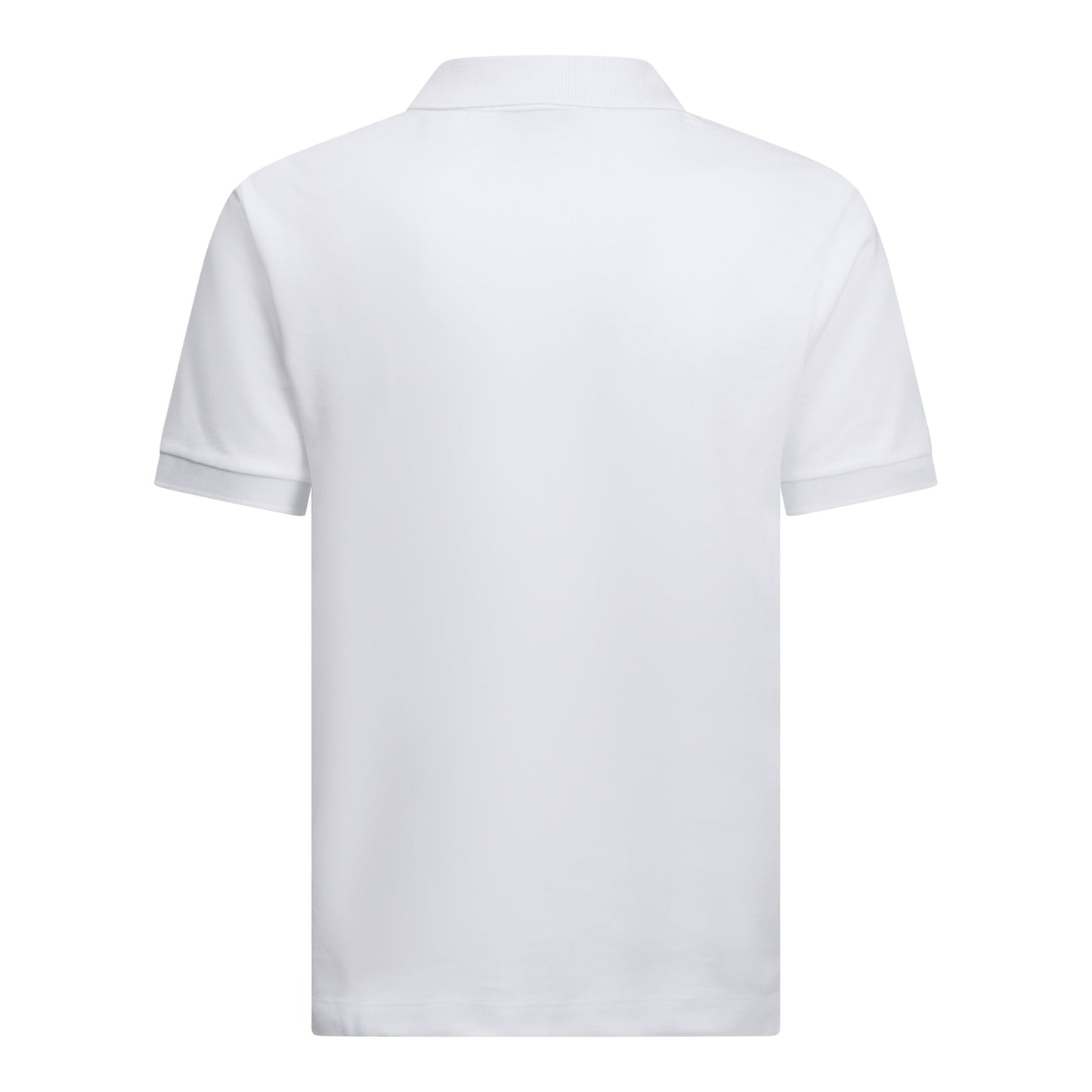 Back view of white premium polo shirt in classic fit