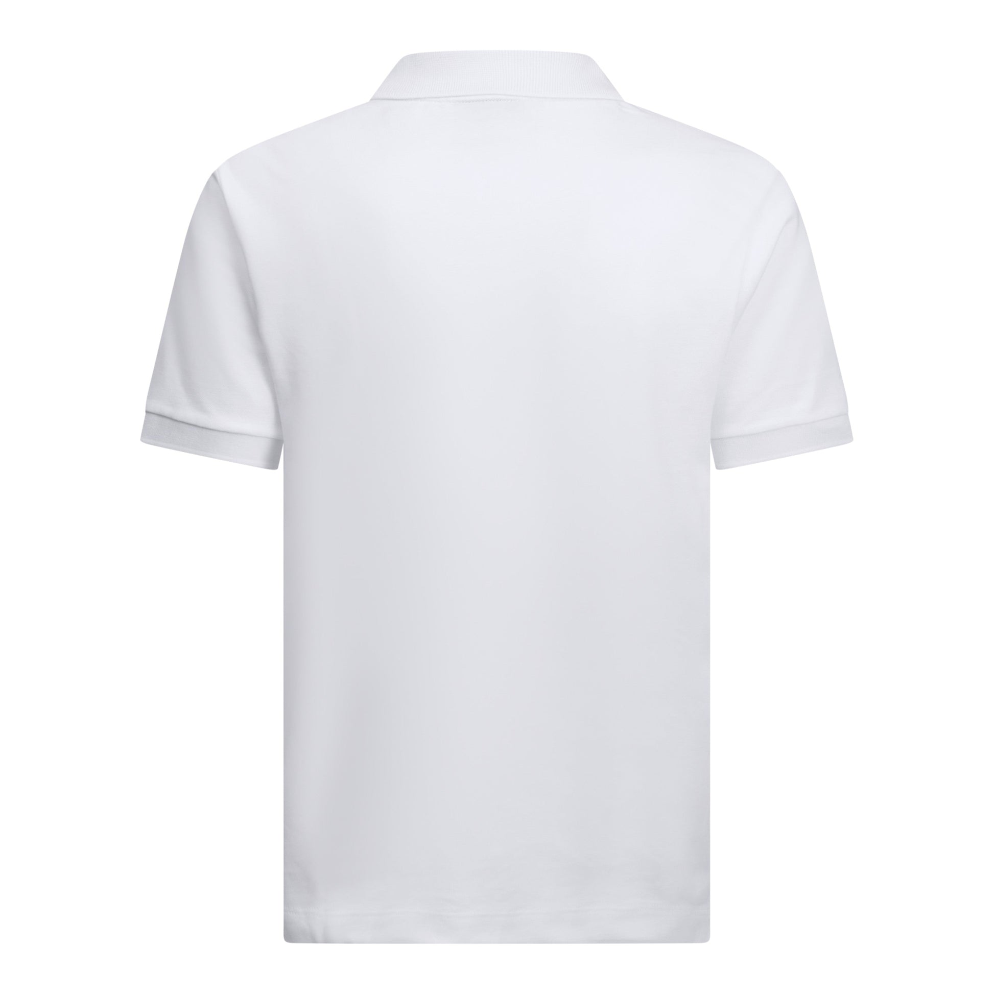 Back view of white premium polo shirt in classic fit
