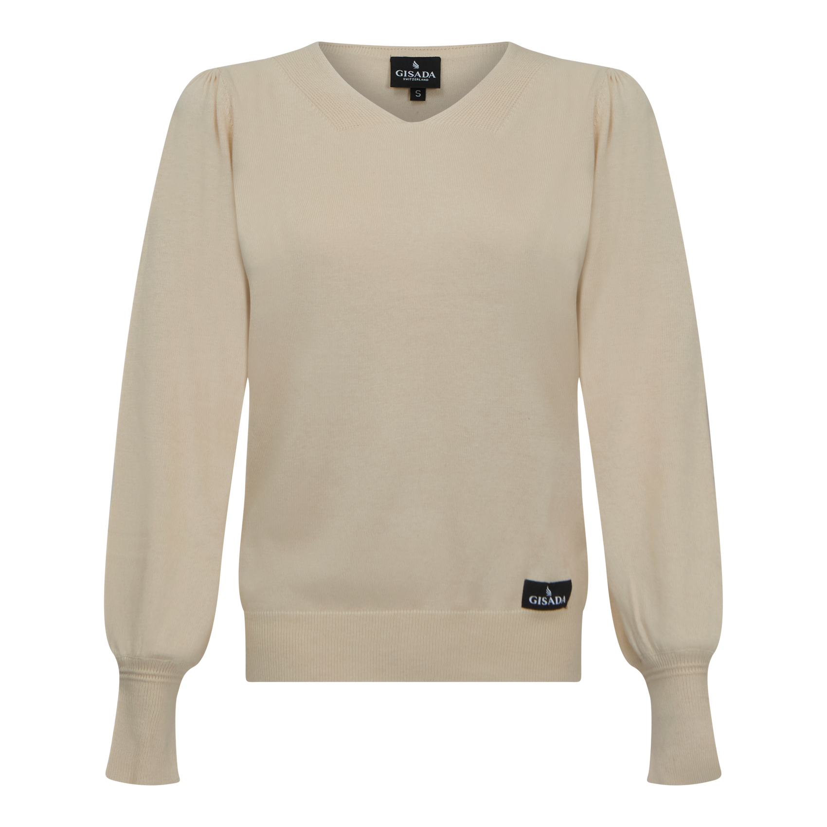 Front view of ivory V-neck merino-cotton pullover by Gisada