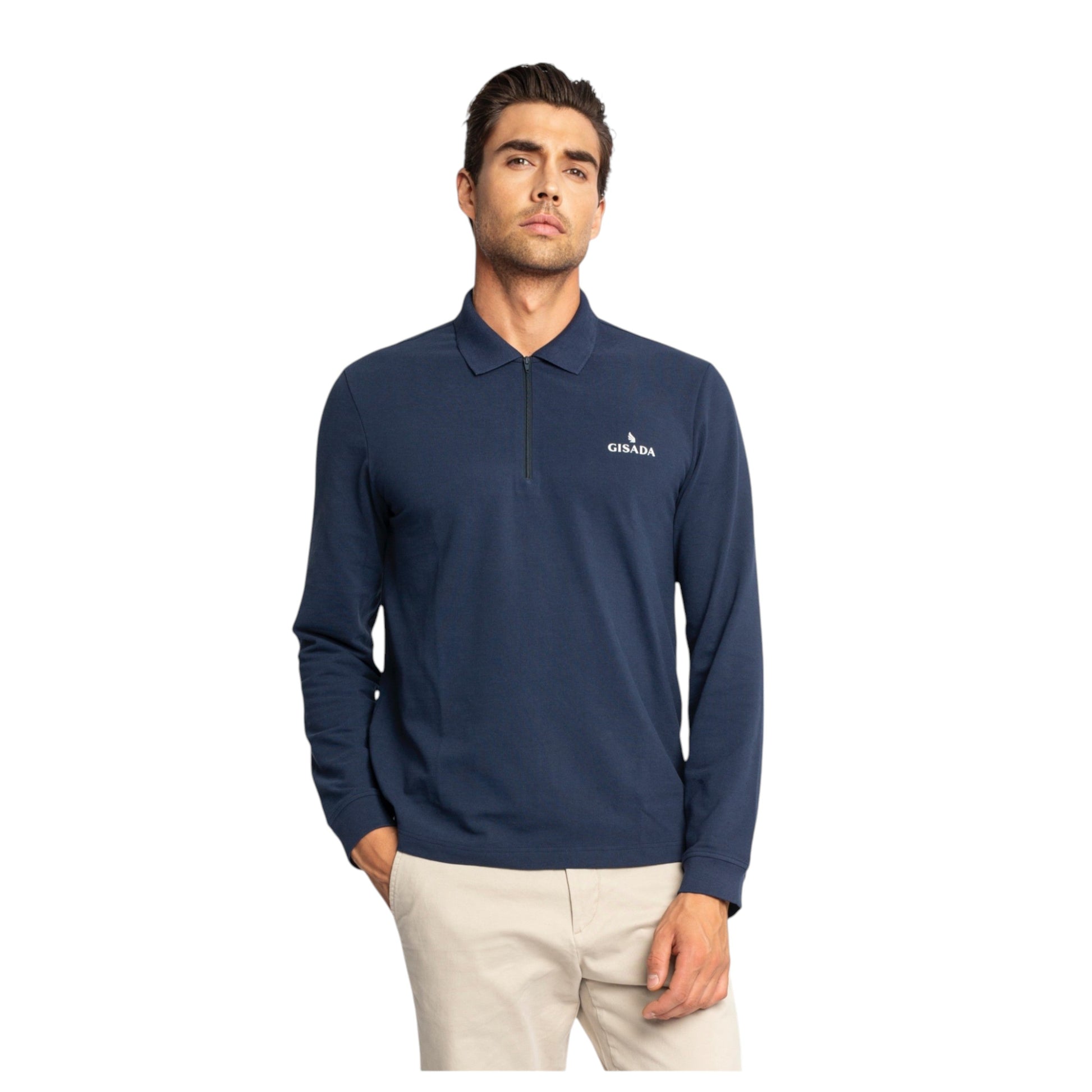 Regular Fit Zip-Up Polo in Luxe Interlock Piquet with Rubber Gisada Logo Gisada Polo