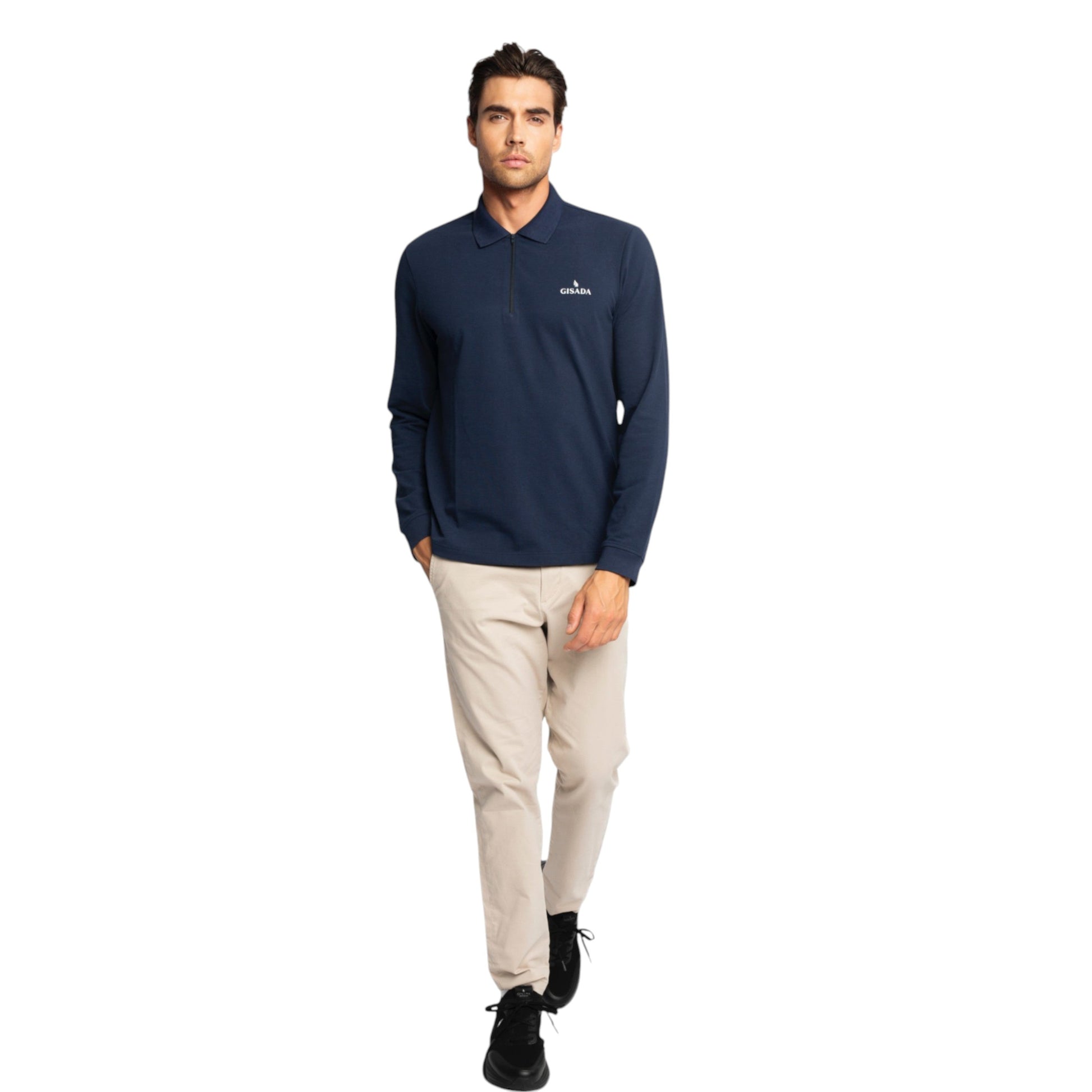 Regular Fit Zip-Up Polo in Luxe Interlock Piquet with Rubber Gisada Logo Gisada Polo