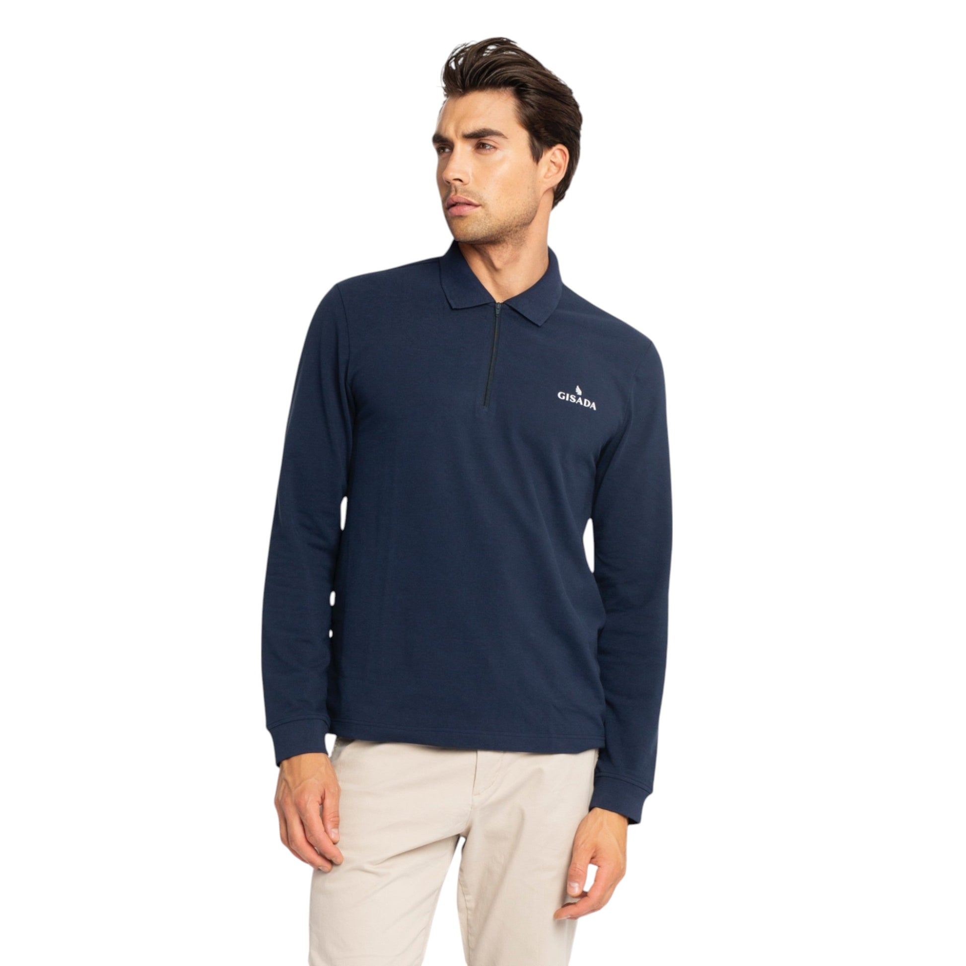 Regular Fit Zip-Up Polo in Luxe Interlock Piquet with Rubber Gisada Logo Gisada Polo