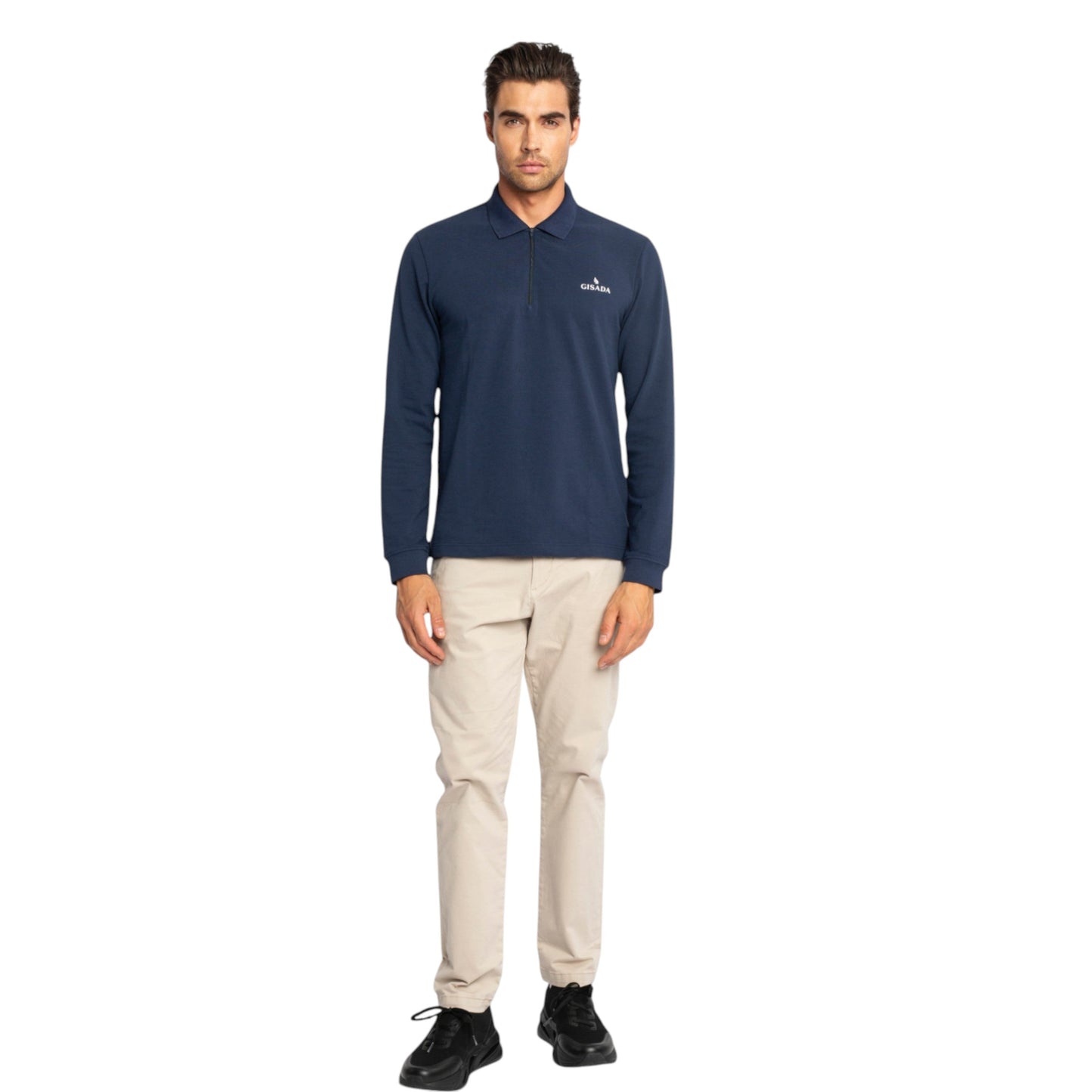 Regular Fit Zip-Up Polo in Luxe Interlock Piquet with Rubber Gisada Logo Gisada Polo