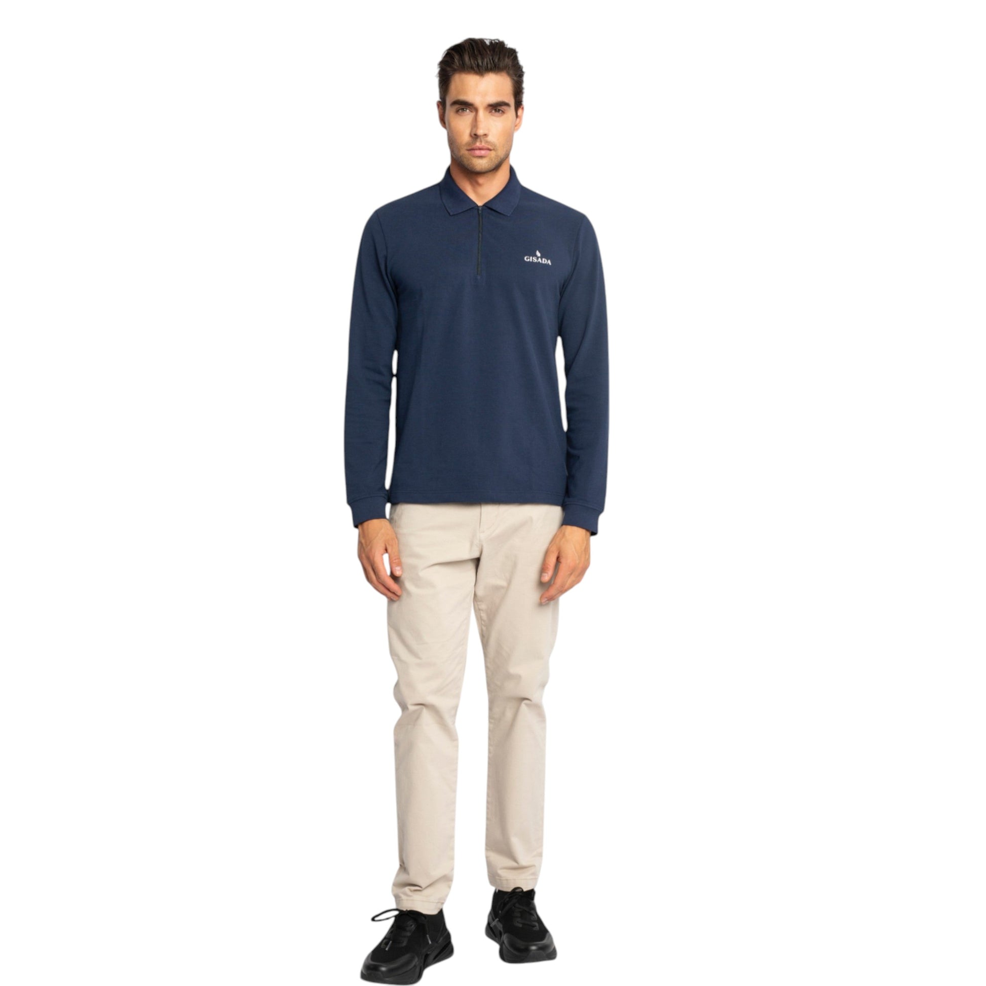 Regular Fit Zip-Up Polo in Luxe Interlock Piquet with Rubber Gisada Logo Gisada Polo