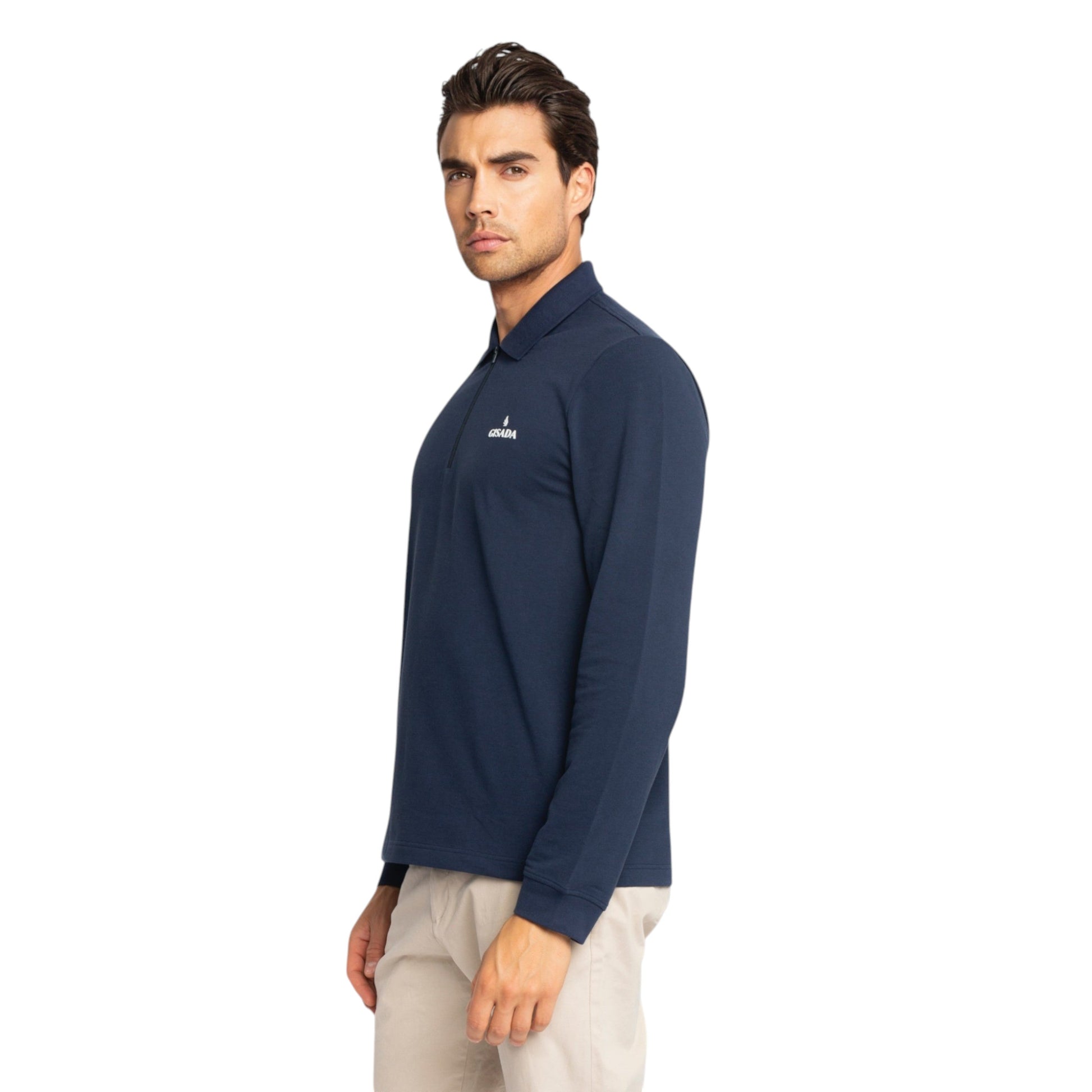 Regular Fit Zip-Up Polo in Luxe Interlock Piquet with Rubber Gisada Logo Gisada Polo