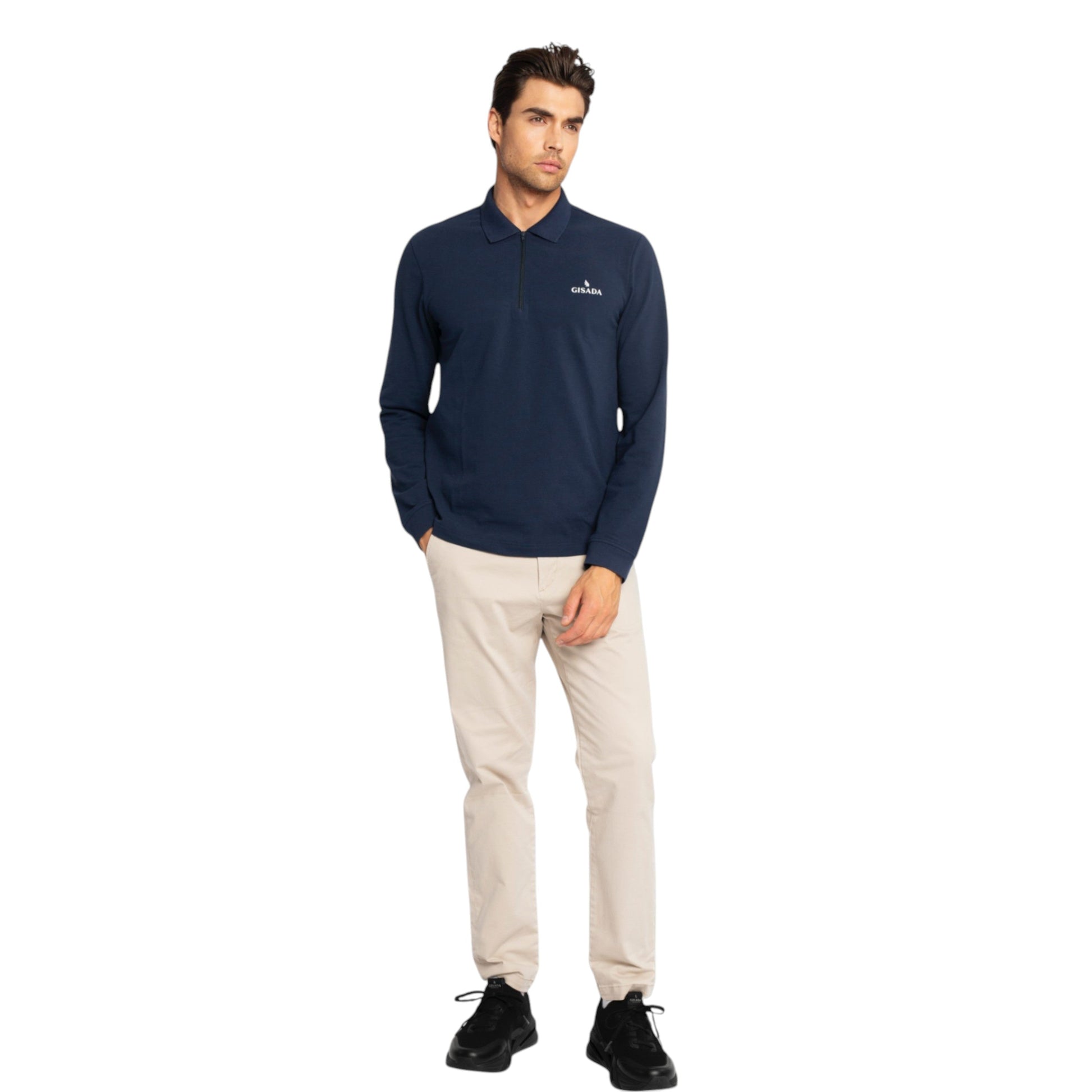 Regular Fit Zip-Up Polo in Luxe Interlock Piquet with Rubber Gisada Logo Gisada Polo