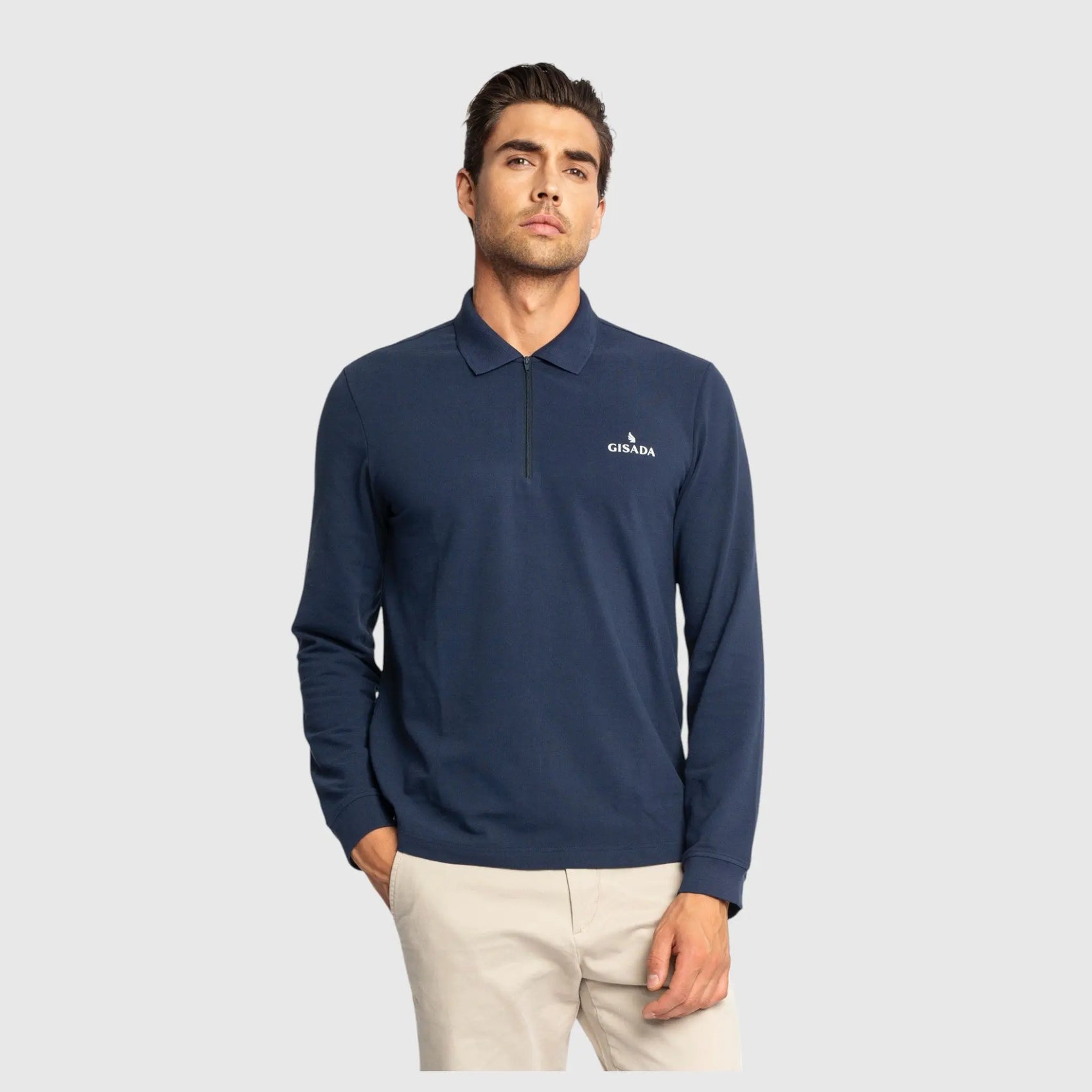 Regular Fit Zip-Up Polo in Luxe Interlock Piquet with Rubber Gisada Logo Gisada Polo
