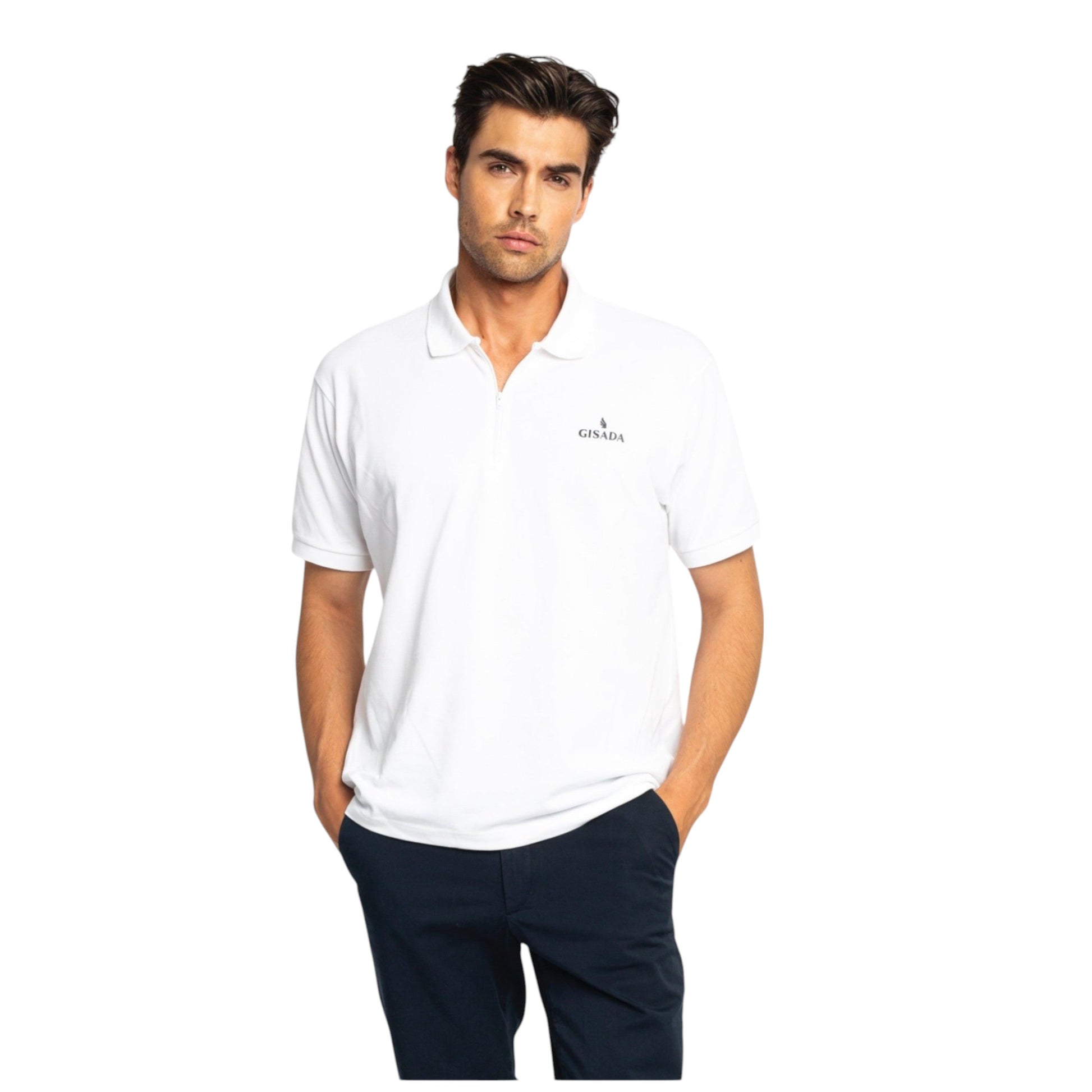 Regular Fit Zip-Up Polo in Luxe Interlock Piquet with Rubber Logo Gisada Polo