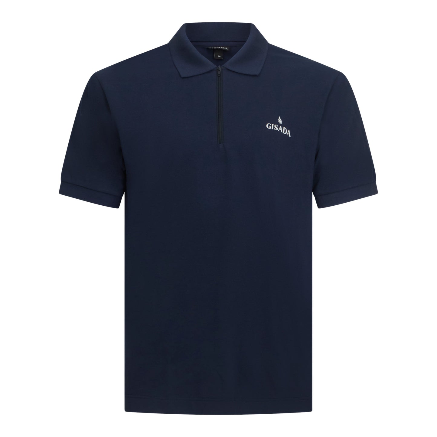 Front view of Gisada navy zip polo shirt in interlock piqué cotton