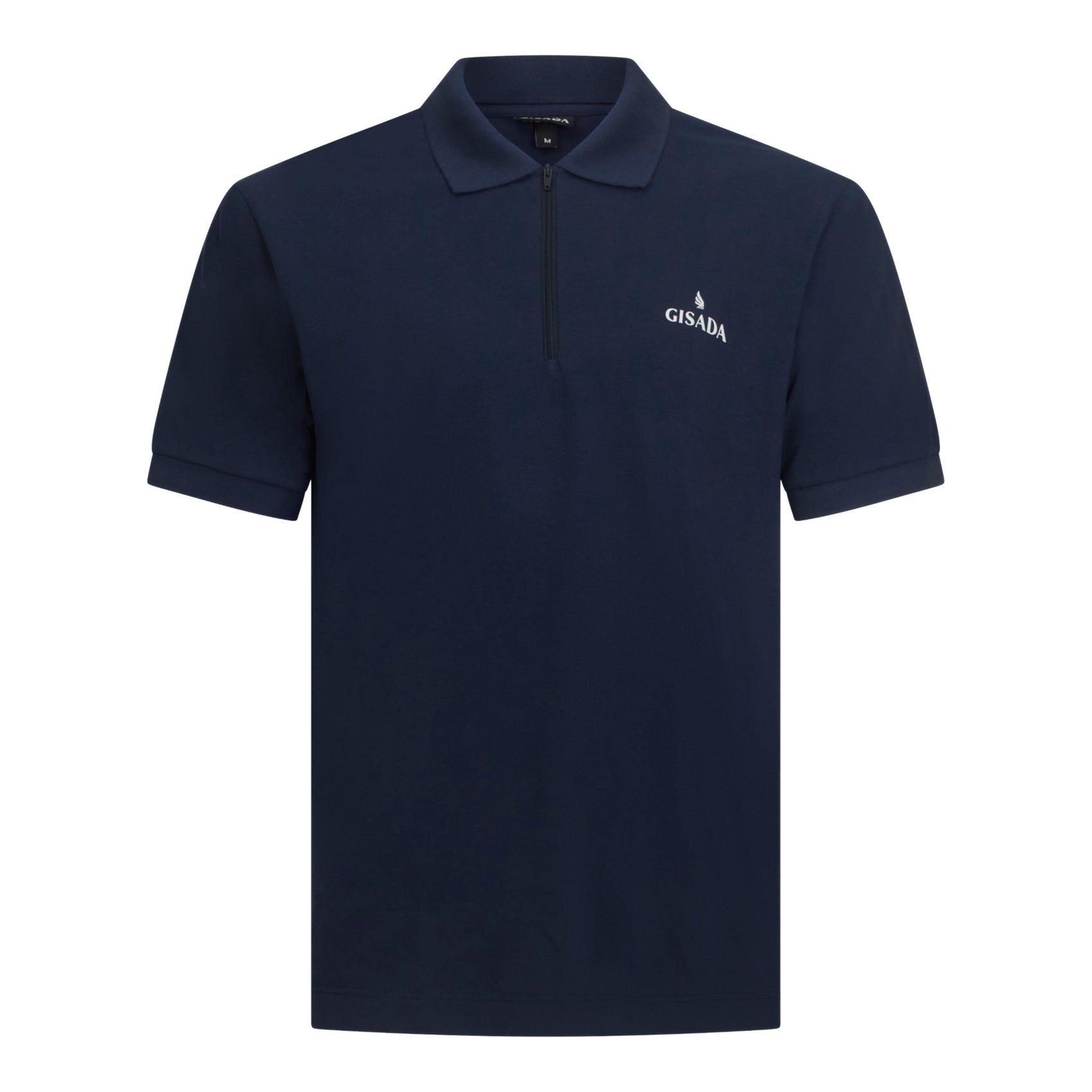 Front view of Gisada navy zip polo shirt in interlock piqué cotton