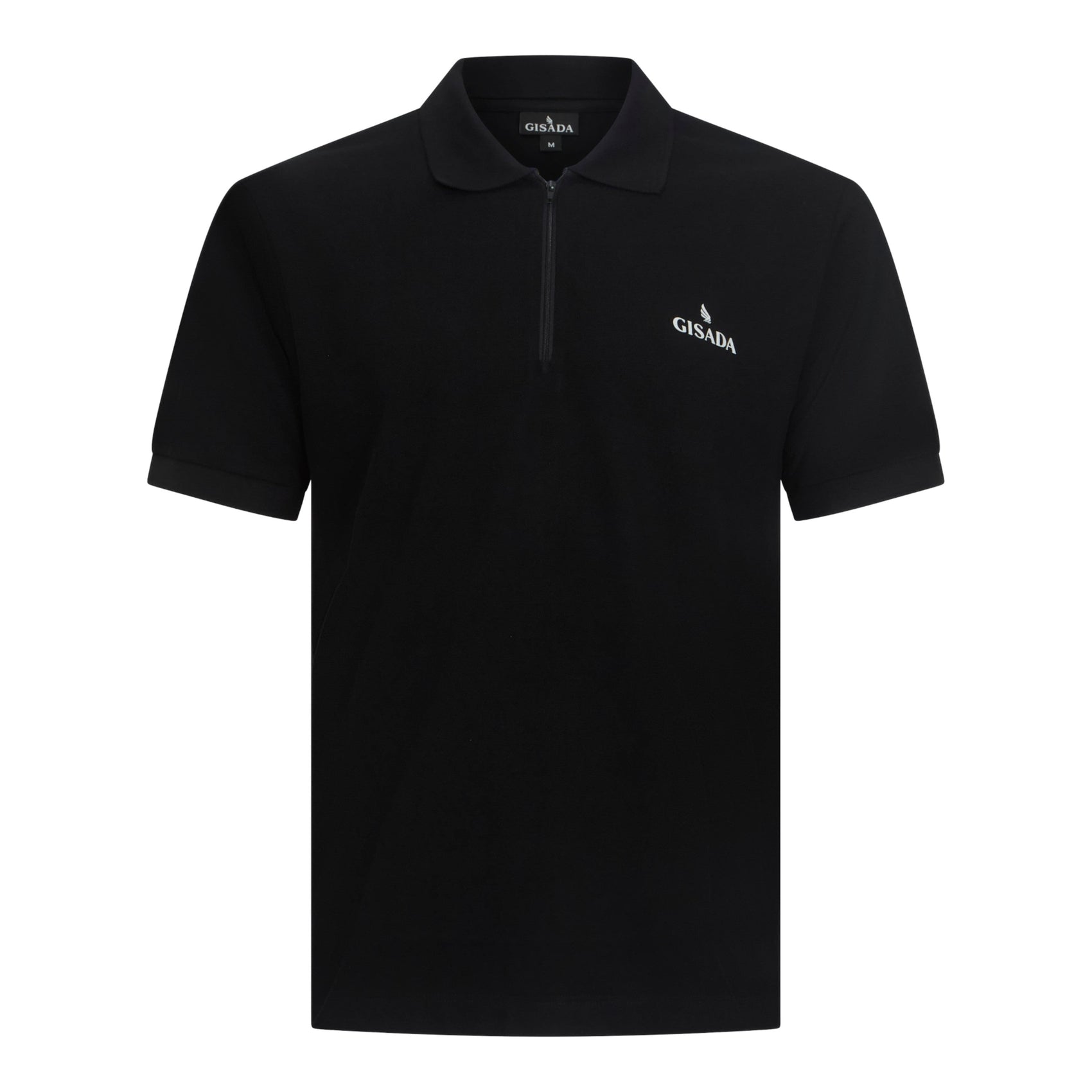 Front view of black Gisada zip polo shirt in interlock cotton
