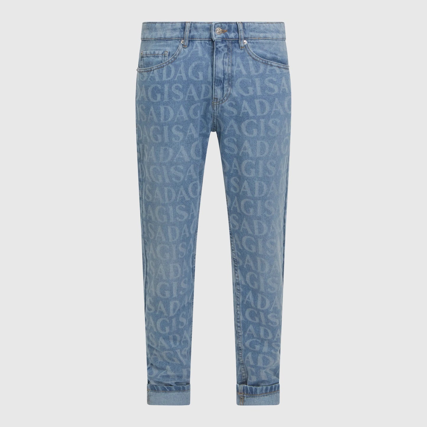 Front view of Gisada slim-fit monogram jeans in light blue denim