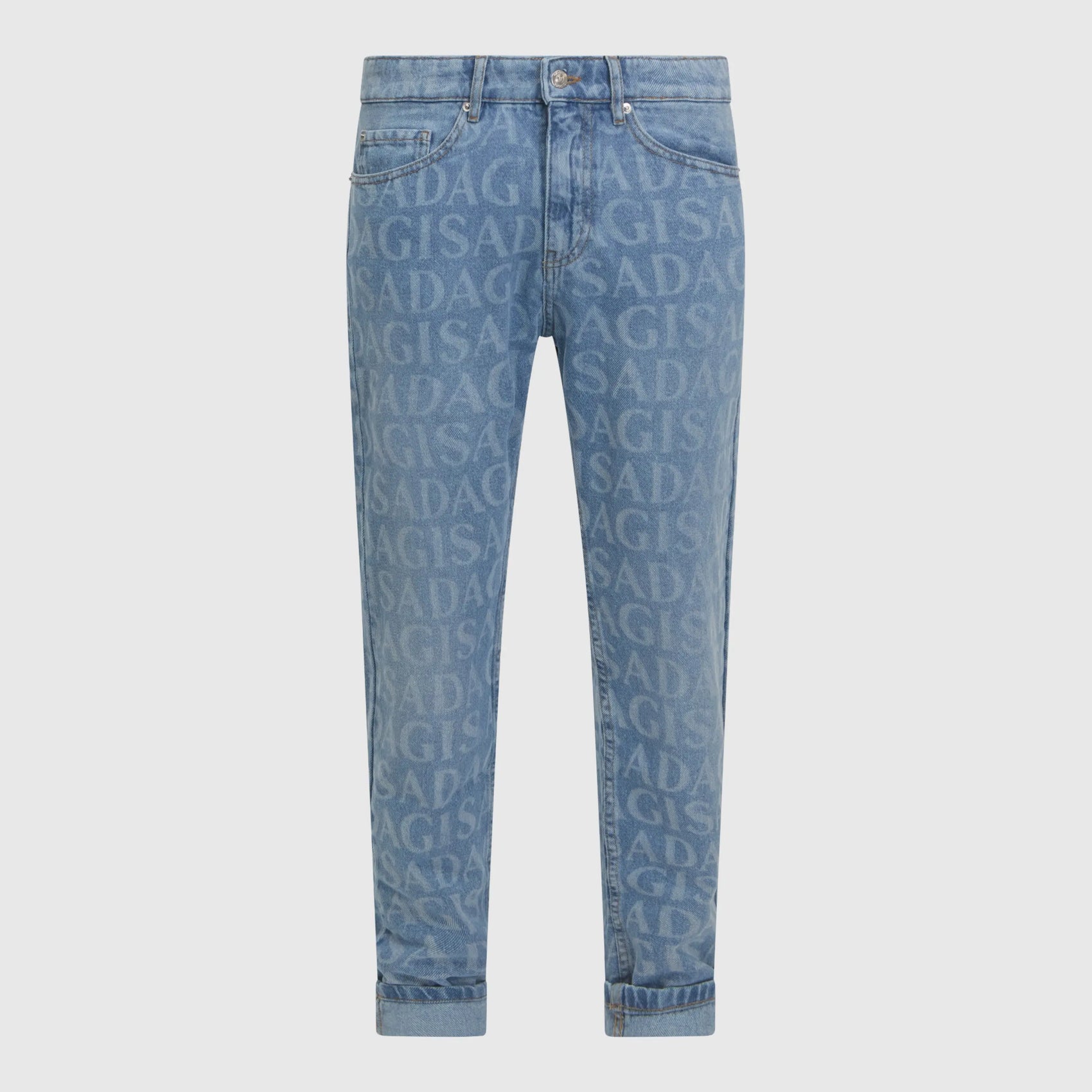 Front view of Gisada slim-fit monogram jeans in light blue denim