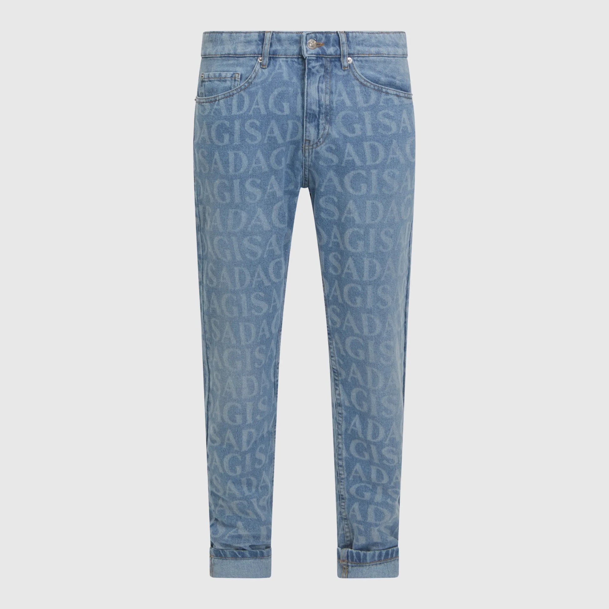Front view of Gisada slim-fit monogram jeans in light blue denim