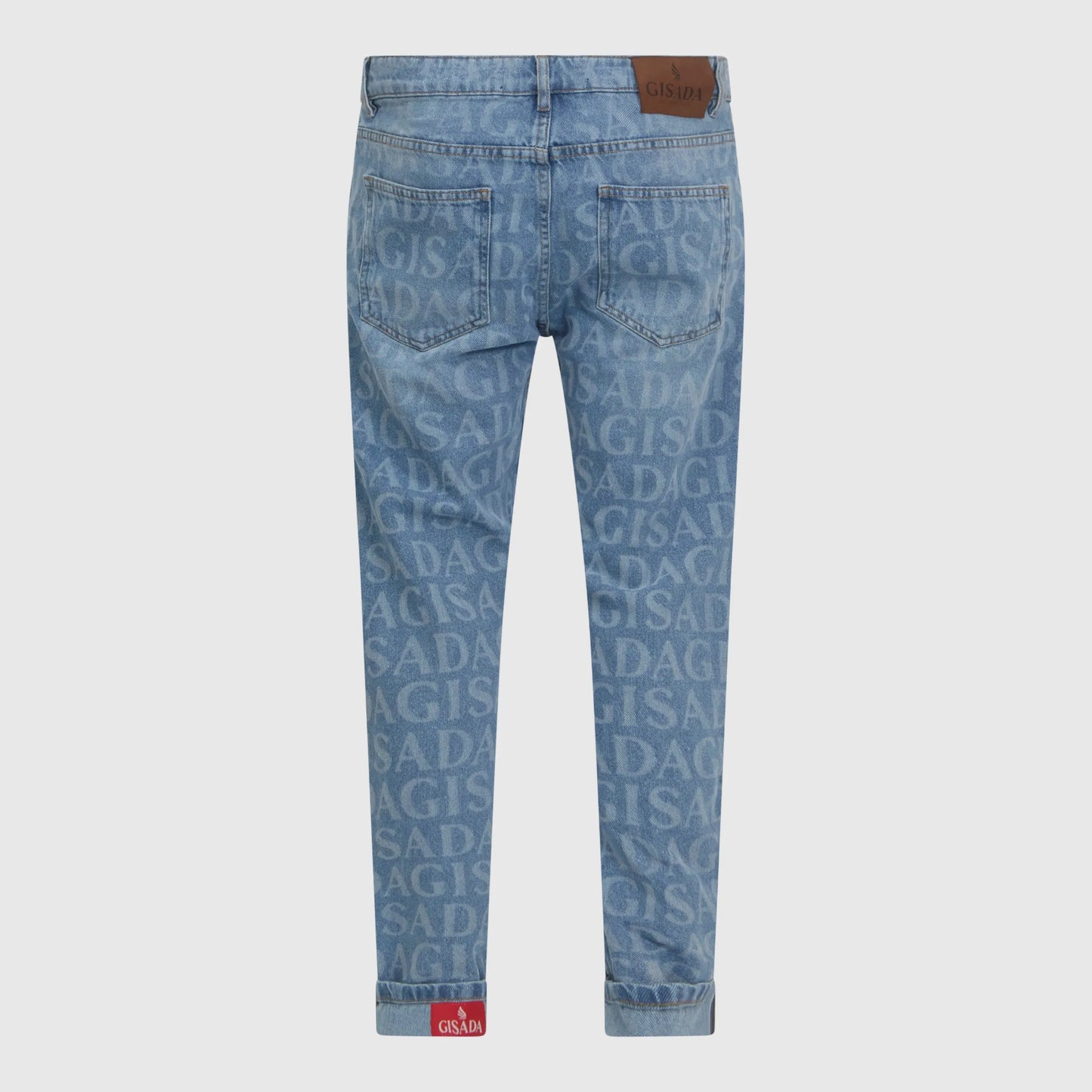 Close-up of laser-printed Gisada monogram on designer denim