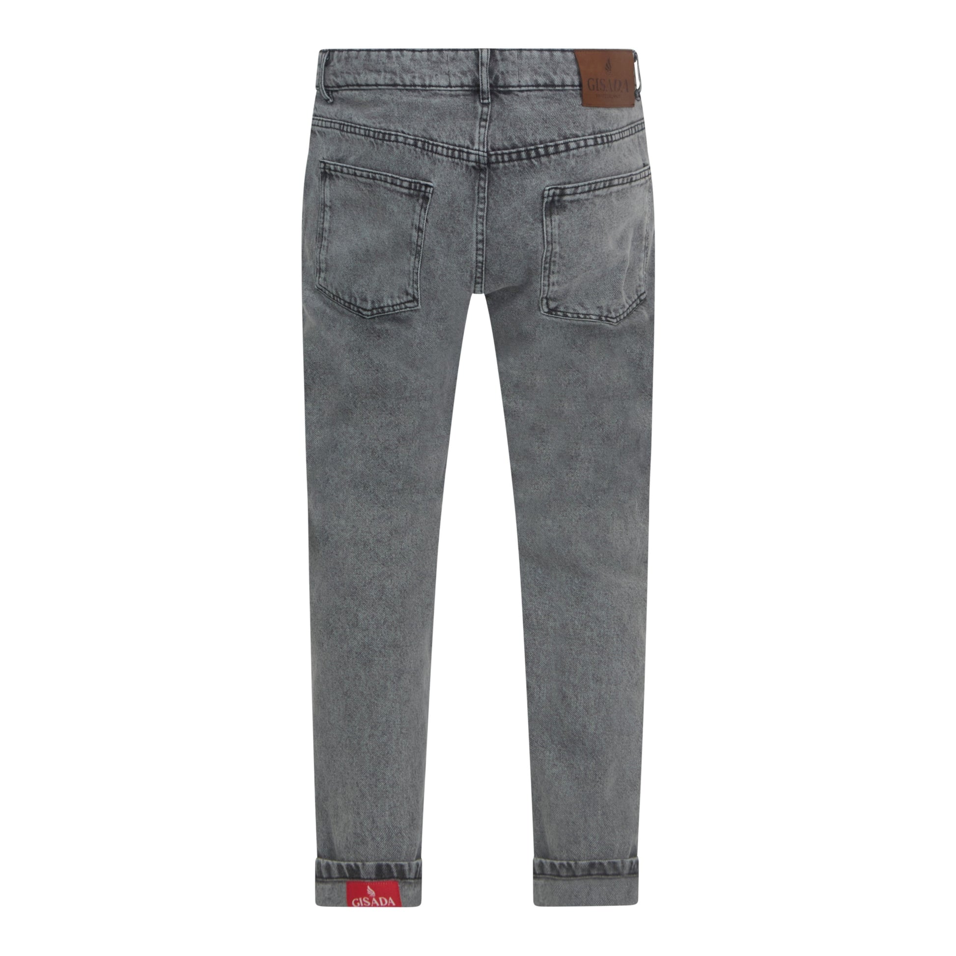 Designer Snow-Grey Denim Jeans Featuring Gisada Logo – Back View