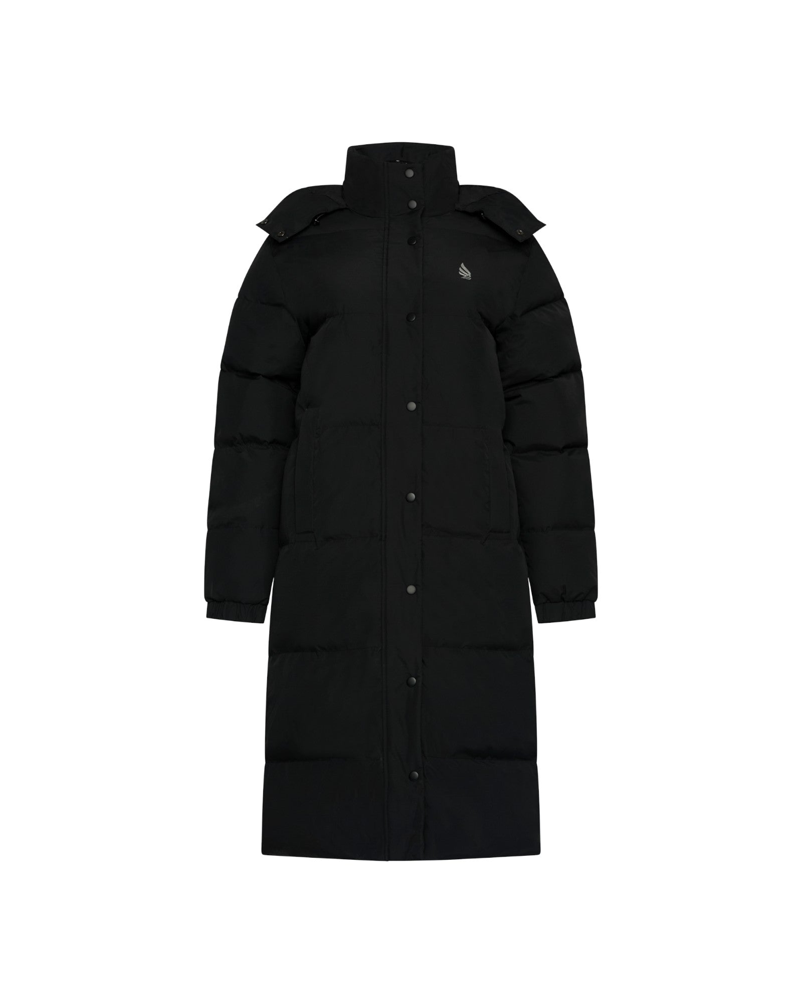 Lange Puffer-Daunenjacke mit abnehmbarer Kapuze und Logo-Patch auf dem Rücken