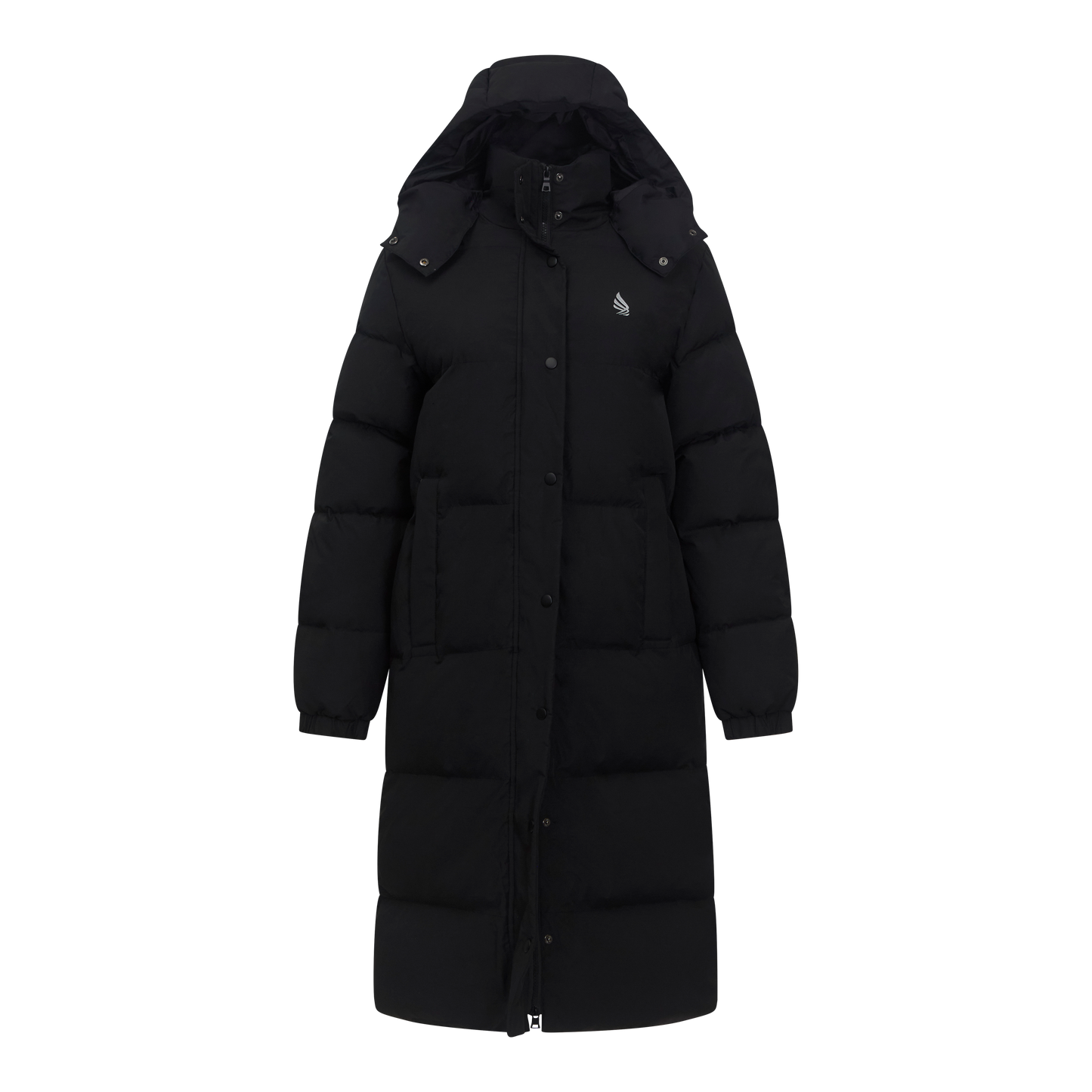 Long Puffer Down-Jacket with Detachable Hood and Logo Patch on Back