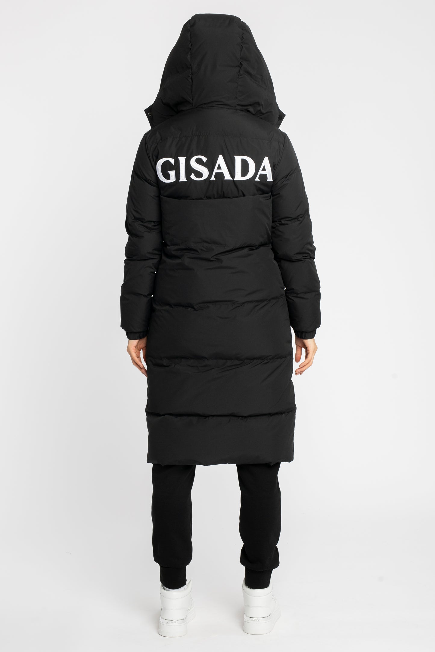 Long Puffer Down-Jacket with Detachable Hood and Logo Patch on Back