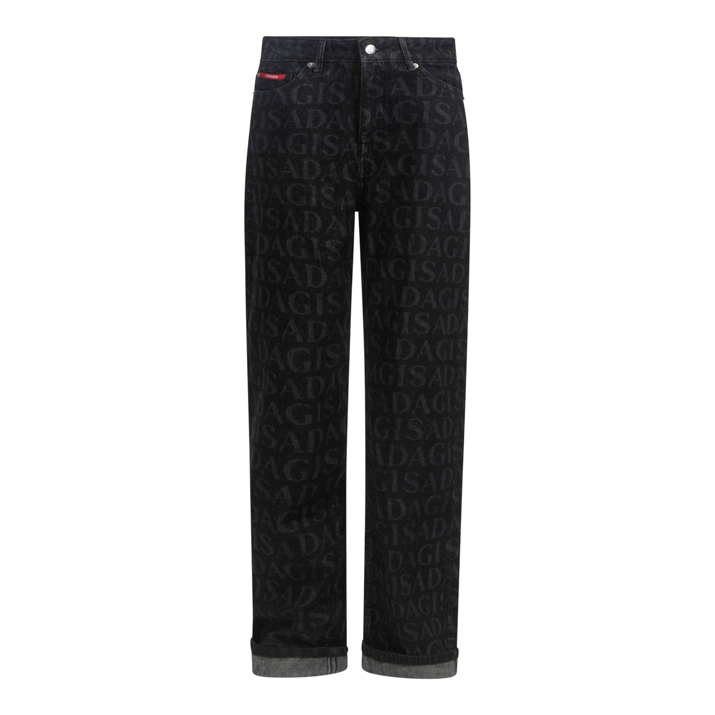 Wide-leg denim jeans with all-over Gisada logo – front view