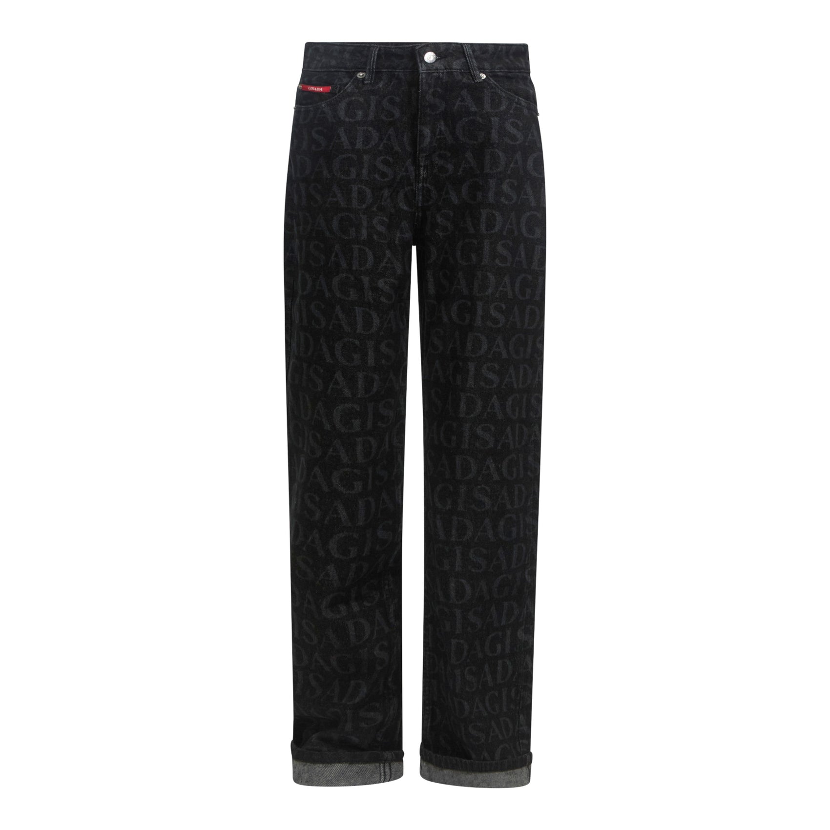 Wide-leg denim jeans with all-over Gisada logo – front view