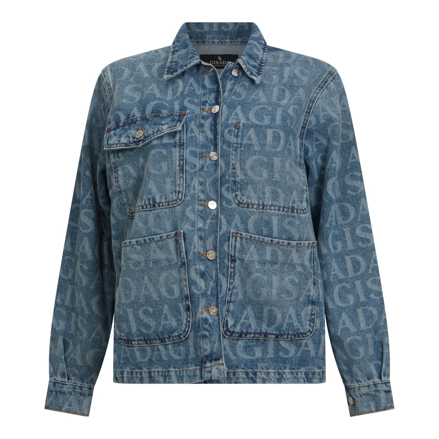 Boxy Denim Jacket with Allover Gisada Laser Print - Gisada.com