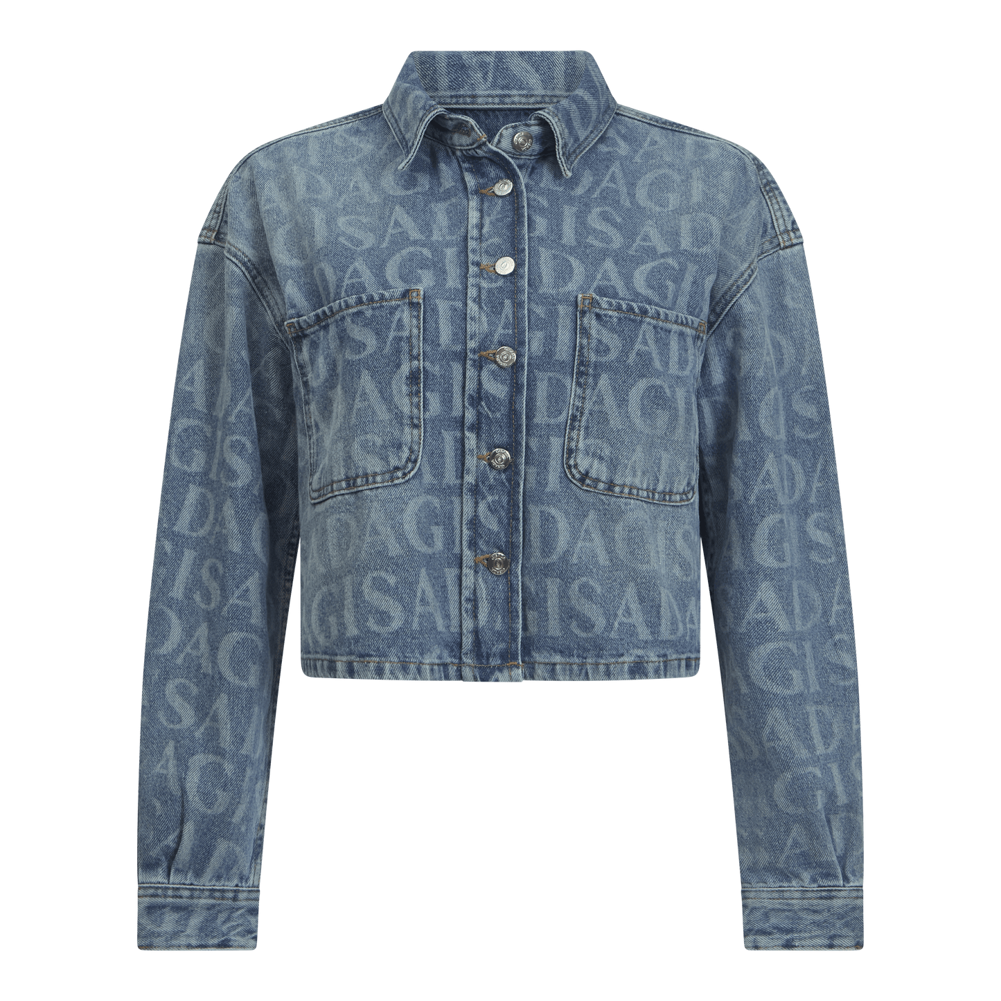 Crop Oversize Denim Shirt with Allover Gisada Laser Print - Gisada.com