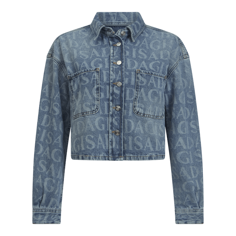 Crop Oversize Denim Shirt with Allover Gisada Laser Print - Gisada.com
