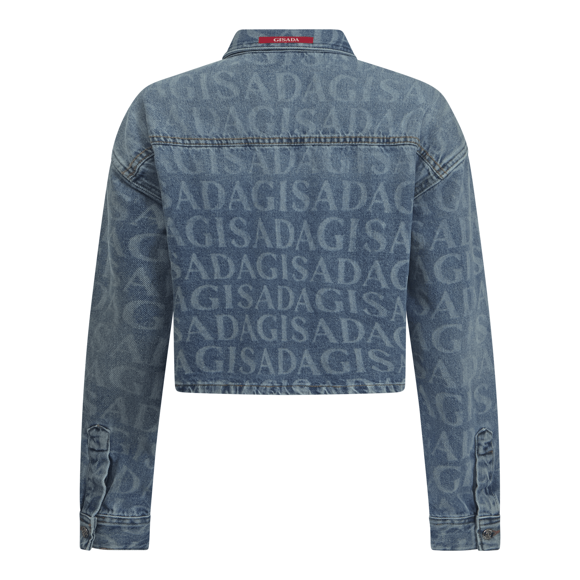 Crop Oversize Denim Shirt with Allover Gisada Laser Print - Gisada.com