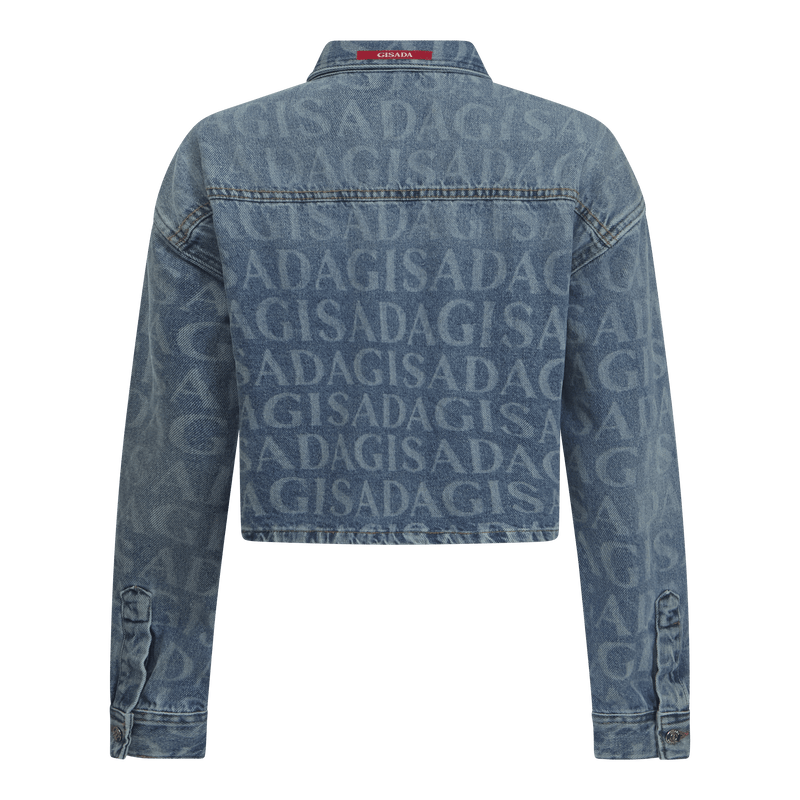 Crop Oversize Denim Shirt with Allover Gisada Laser Print - Gisada.com